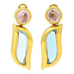 Contemporary Blue Topaz Pink Tourmaline 18 Karat Gold Drop Ear-Clip Earrings