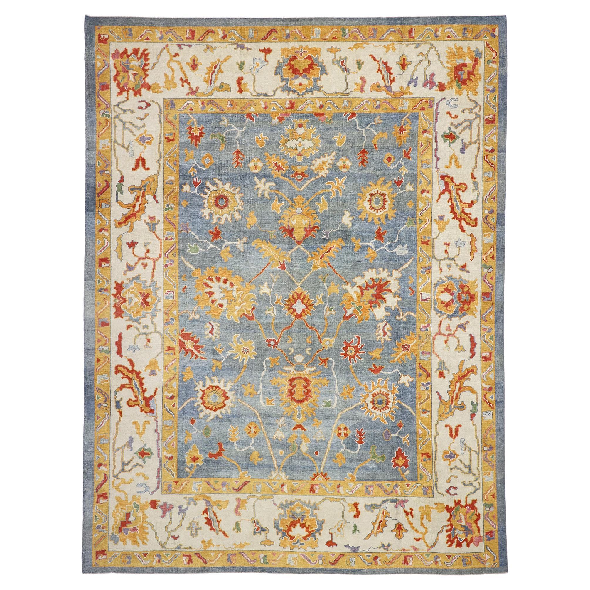Contemporary Blue Turkish Oushak Rug