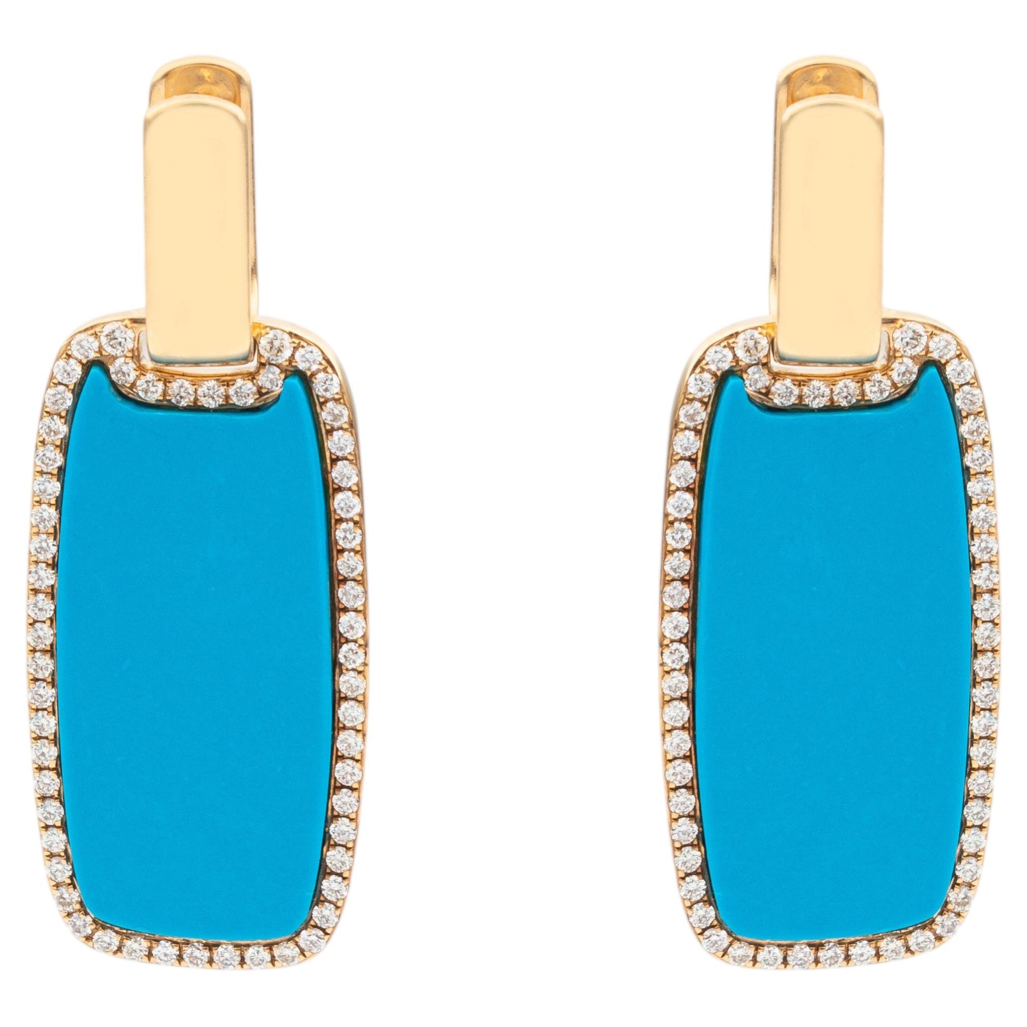 Contemporary Blue Turquoise Drop Earrings Framed in Diamonds in 18K Yellow Gold For Sale