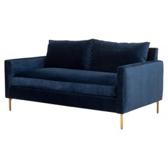 Contemporary Blue Velvet Upholstered Loveseat
