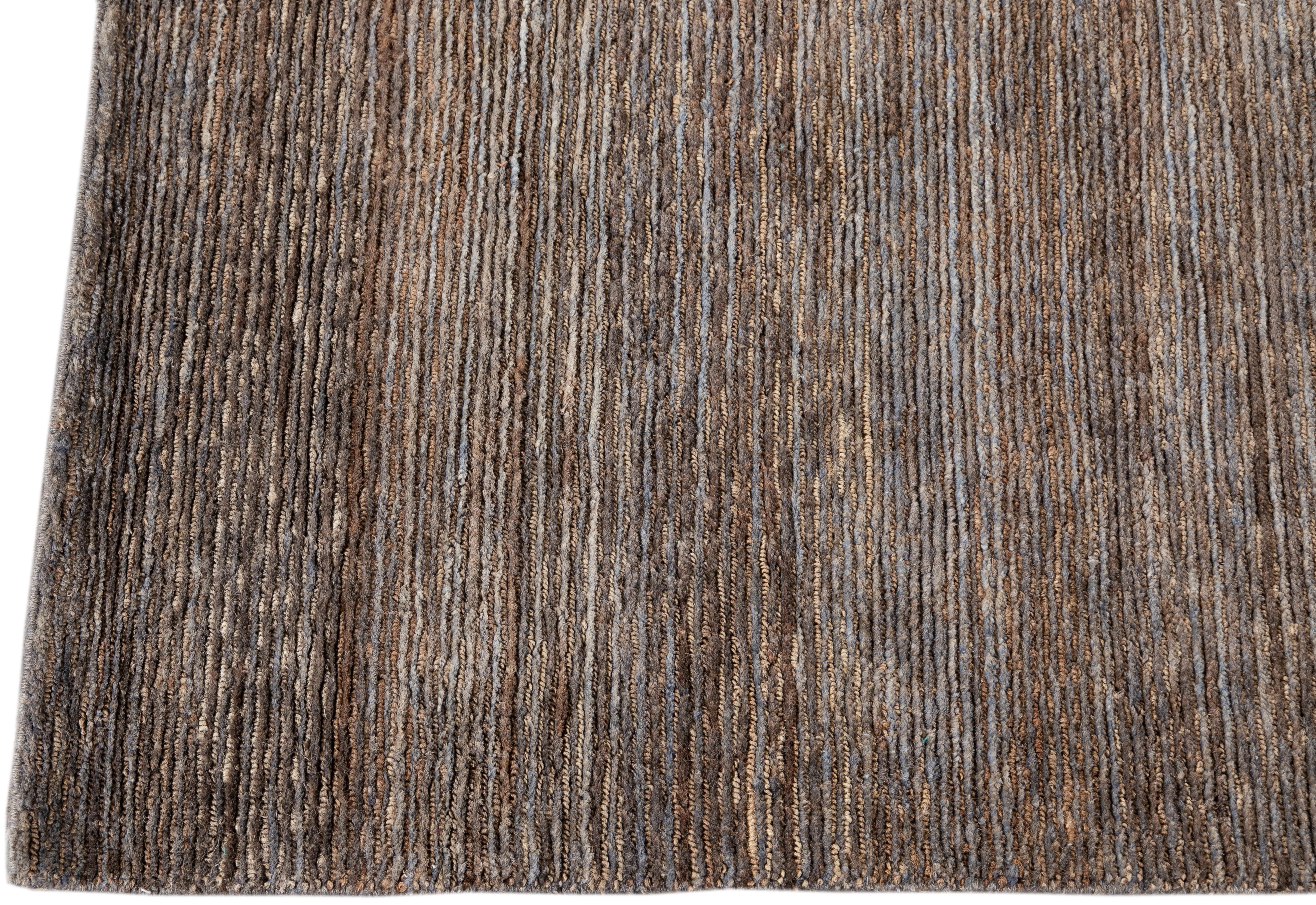 Indian Contemporary Brown & Blue Wool and Silk Area Rug For Sale