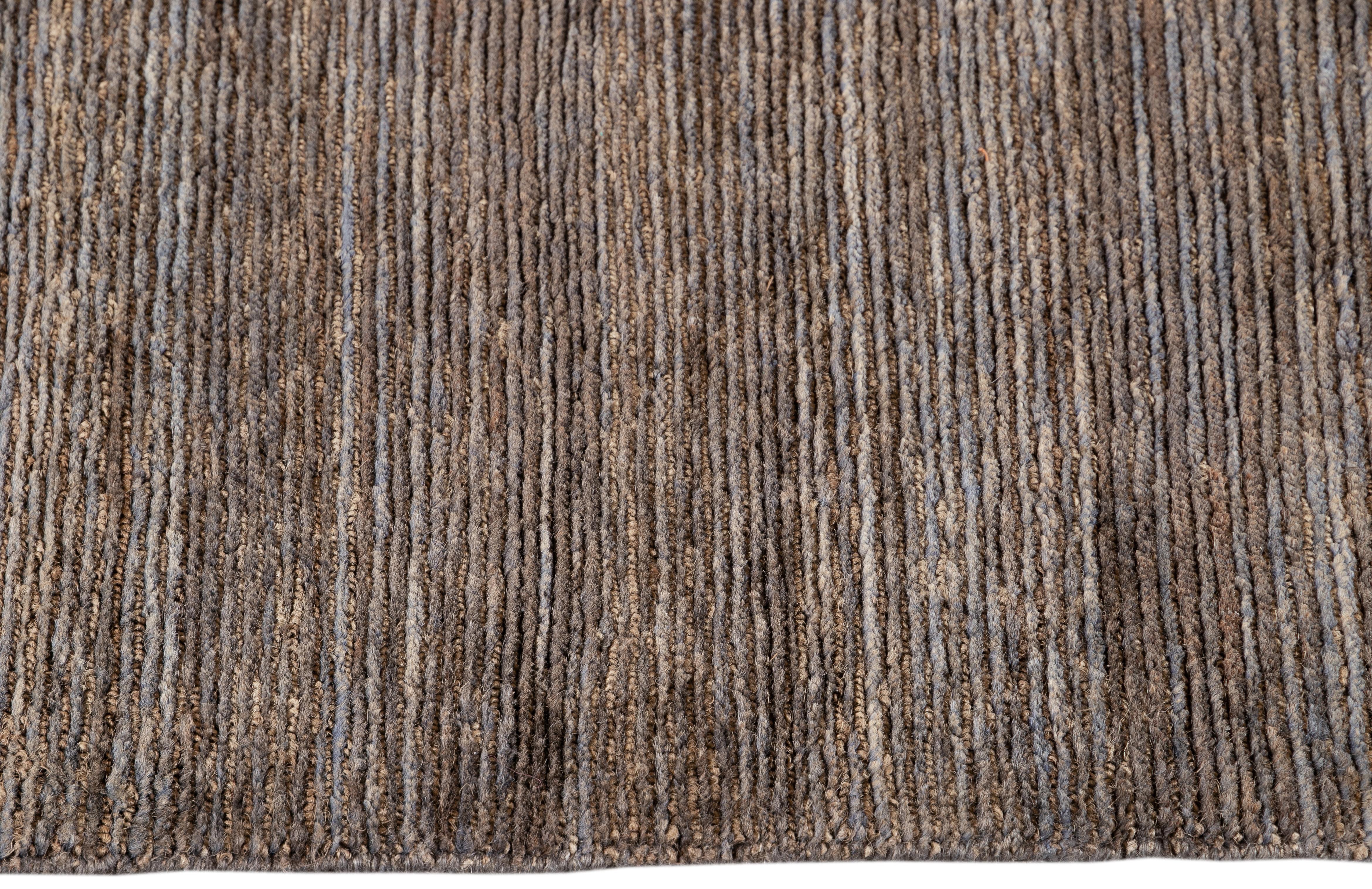 Hand-Woven Contemporary Brown & Blue Wool and Silk Area Rug For Sale