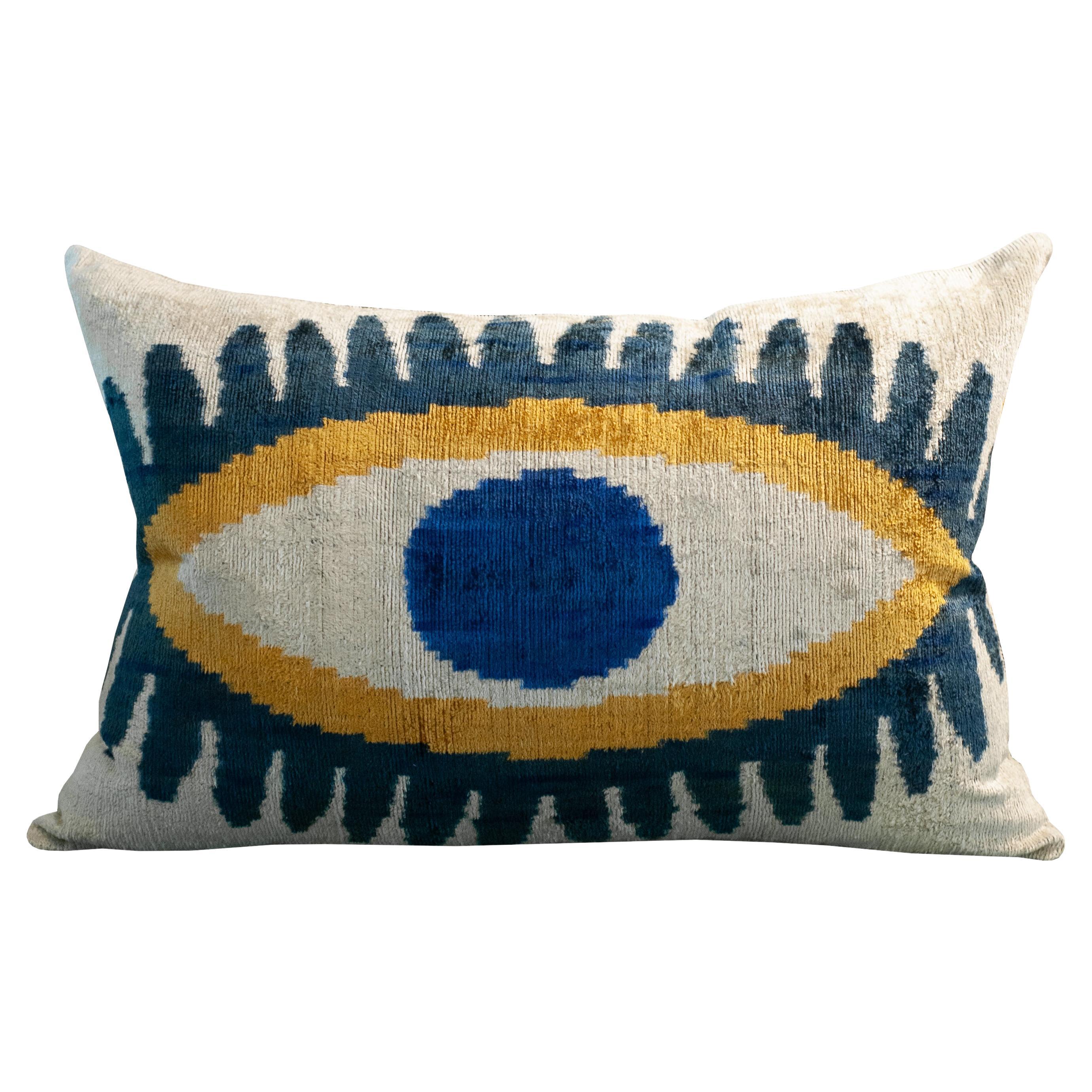 Contemporary Blue, Yellow and Silver Silk Velvet Pillow with Evil Eye Motif