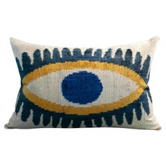 Contemporary Blue, Yellow and Silver Silk Velvet Pillow with Evil Eye Motif