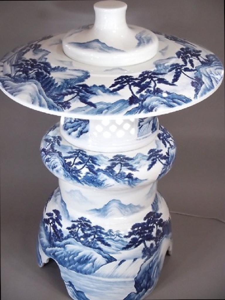 Hand-Painted Contemporary BlueThree-Piece Porcelain Japanese Lantern by Master Artist For Sale