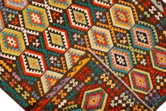 Tappeto Bohemien contemporaneo in lana Kilim a trama piatta dal design multicolore