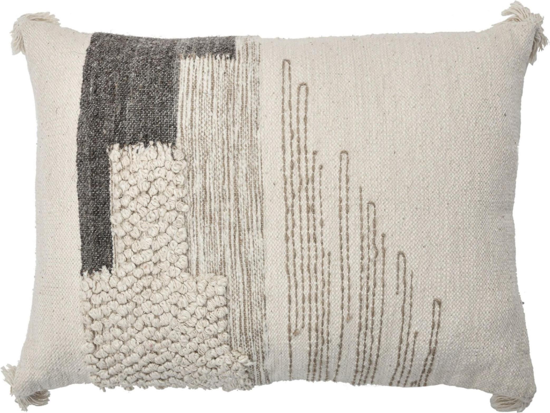 Hand-Knotted Contemporary Boho Chic Style Wool and Cotton Pillow In Beige For Sale