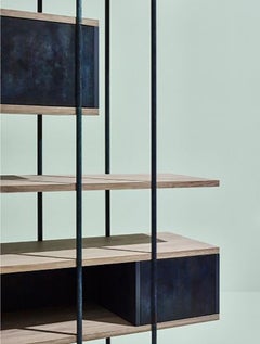 Contemporary Bookcase A, Etched Brass, Pivoting Doors and Stone Elm Shelves
