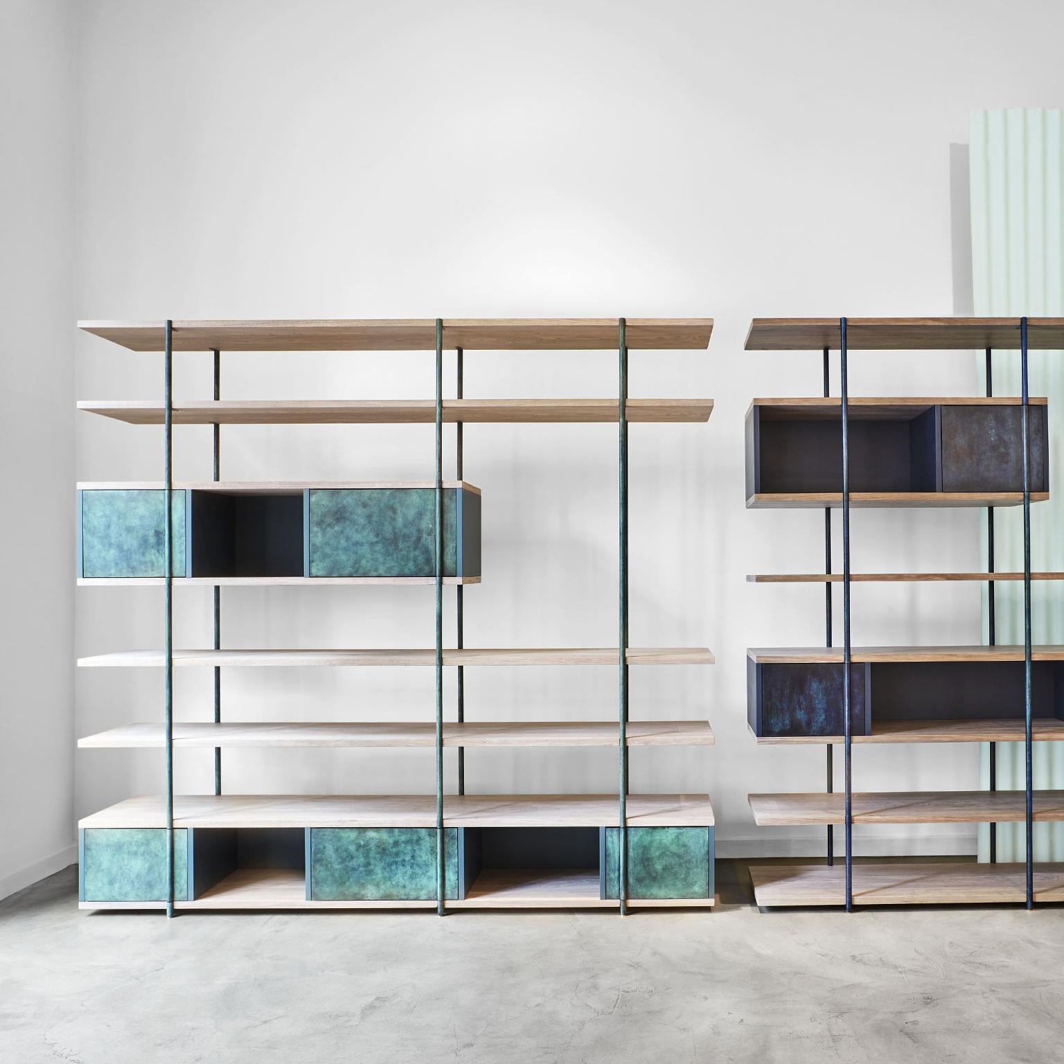 Modern Contemporary Bookcase A, Etched Brass, Pivoting Doors and Stone Elm Shelves For Sale