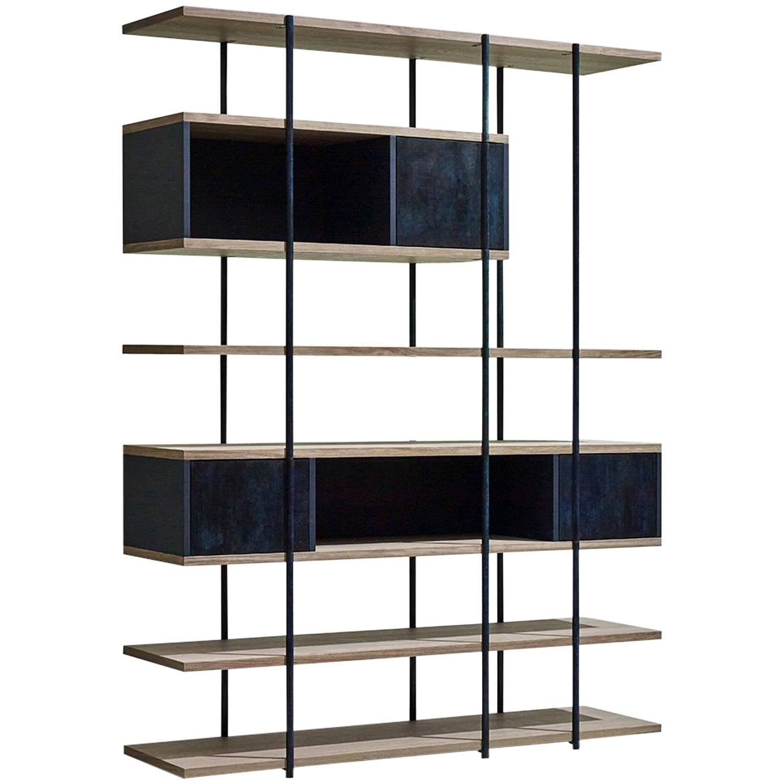 Contemporary Bookcase A, Etched Brass, Pivoting Doors and Stone Elm Shelves For Sale