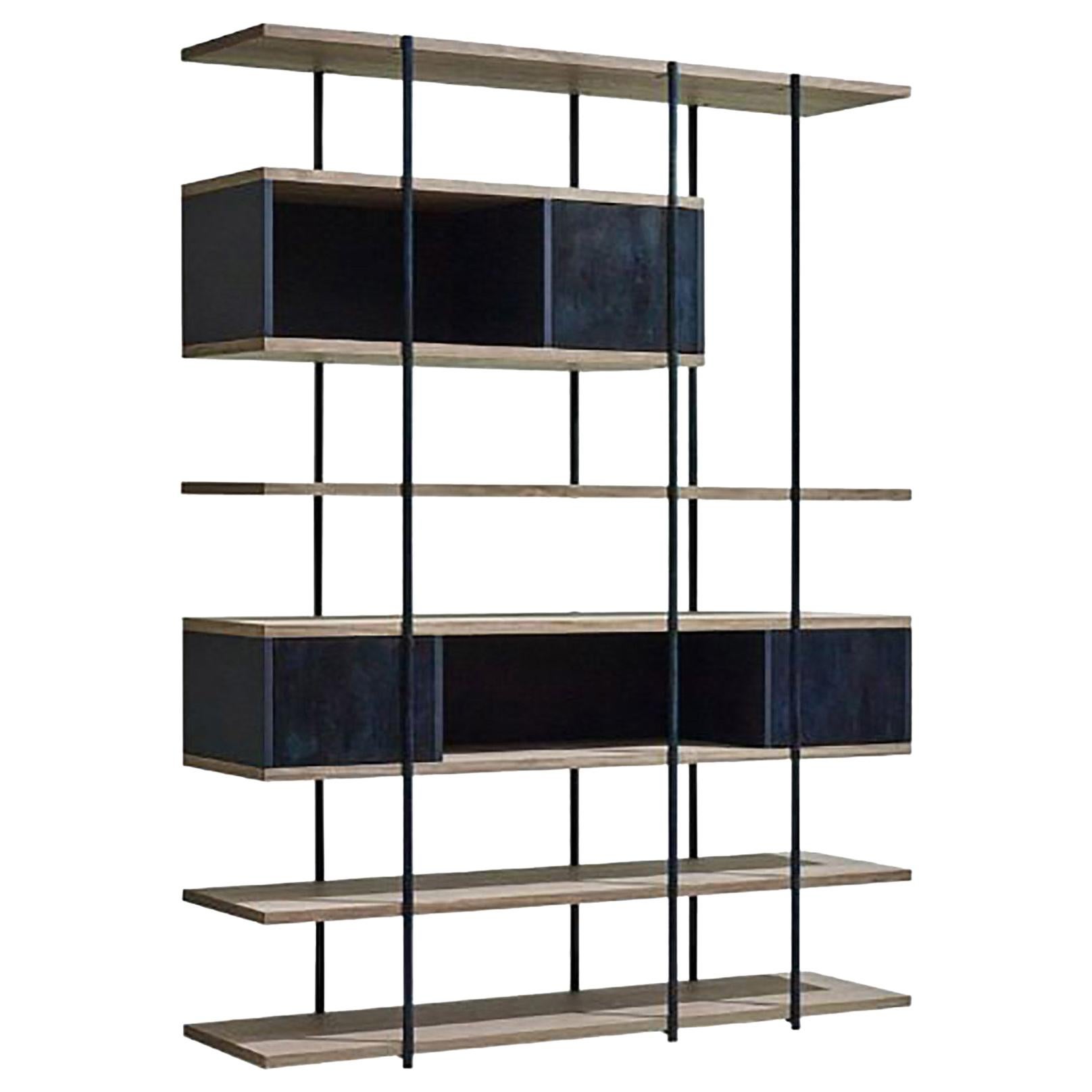 Contemporary Bookcase A, Etched Brass, Pivoting Doors and Stone Elm Shelves For Sale