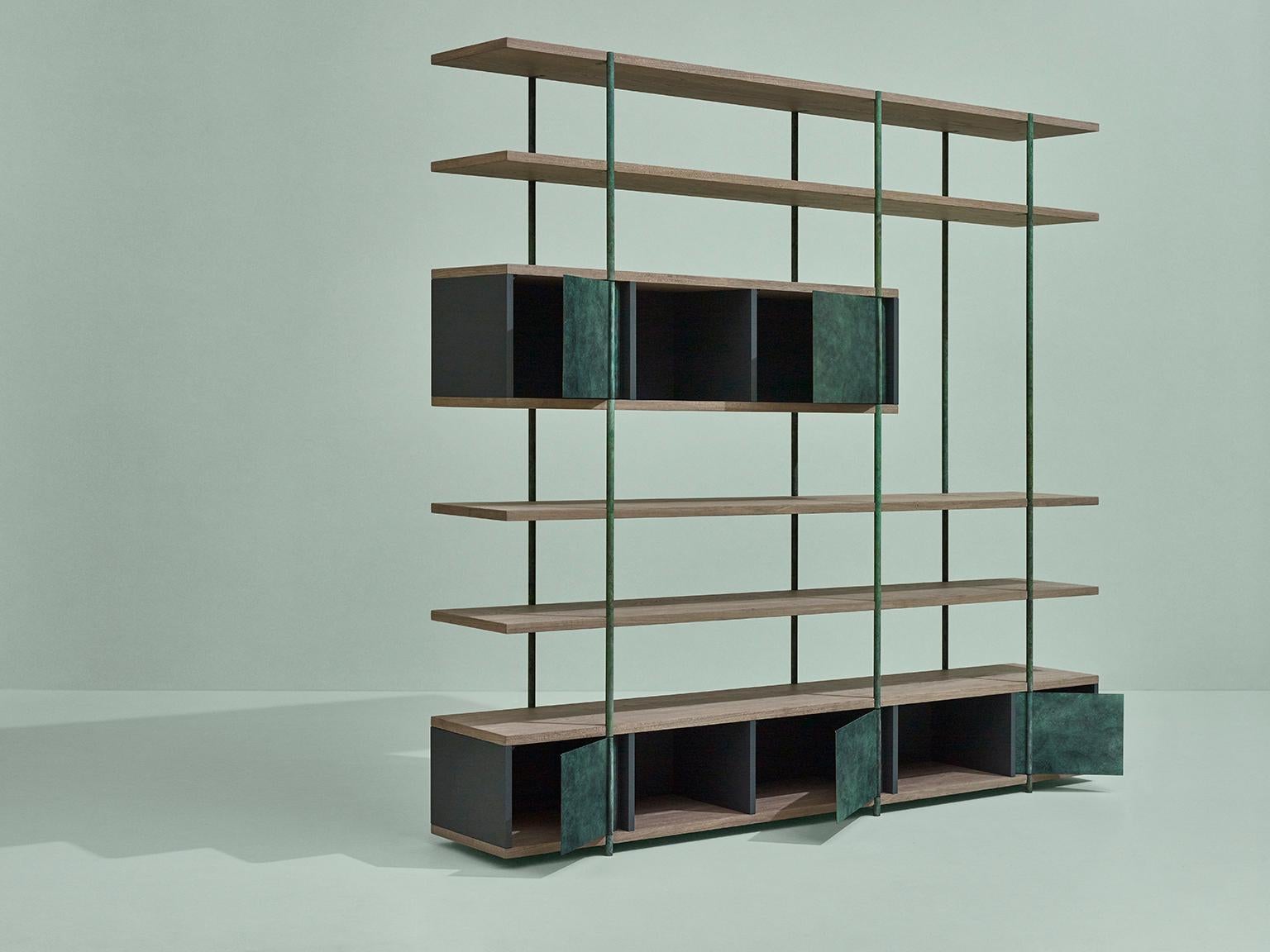 SEM Pivot Contemporary collection, Bookcase B, simple and sculptural. The supporting structure is a rigid system of metal tubes to which are added shelves in beautiful stone elm wood combined with various lacquered containers. The pivoting mechanism