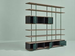 Contemporary Bookcase B, Etched Brass, Pivoting Doors and Stone Elm Shelves