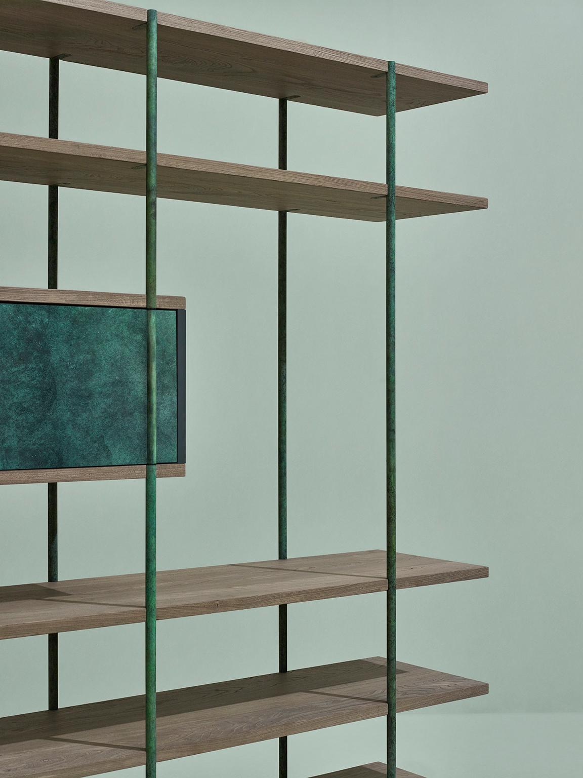 Modern Contemporary Bookcase B, Etched Brass, Pivoting Doors and Stone Elm Shelves For Sale