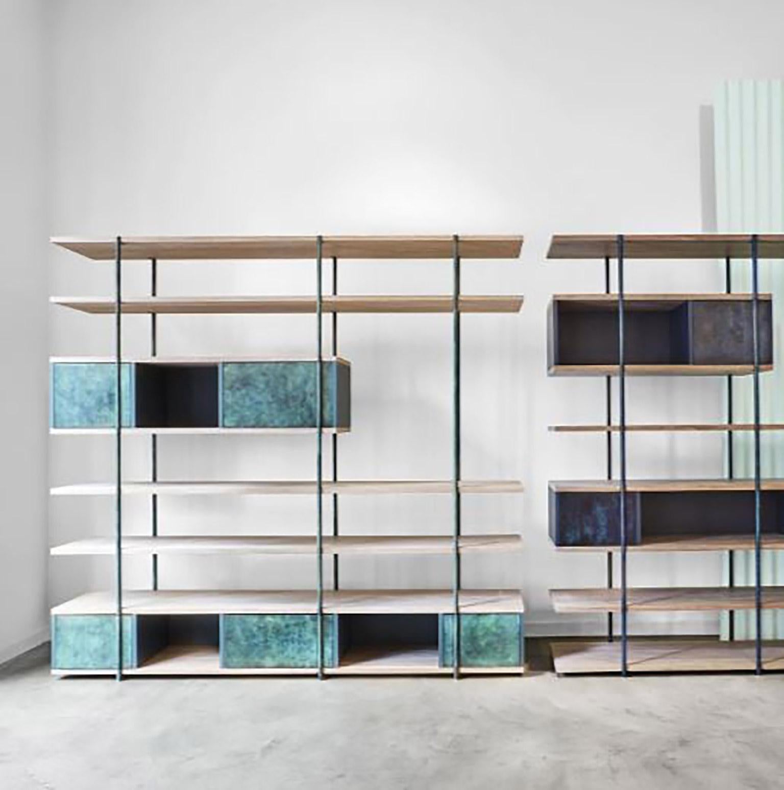 Modern Contemporary Bookcase B, Etched Brass, Pivoting Doors and Stone Elm Shelves For Sale