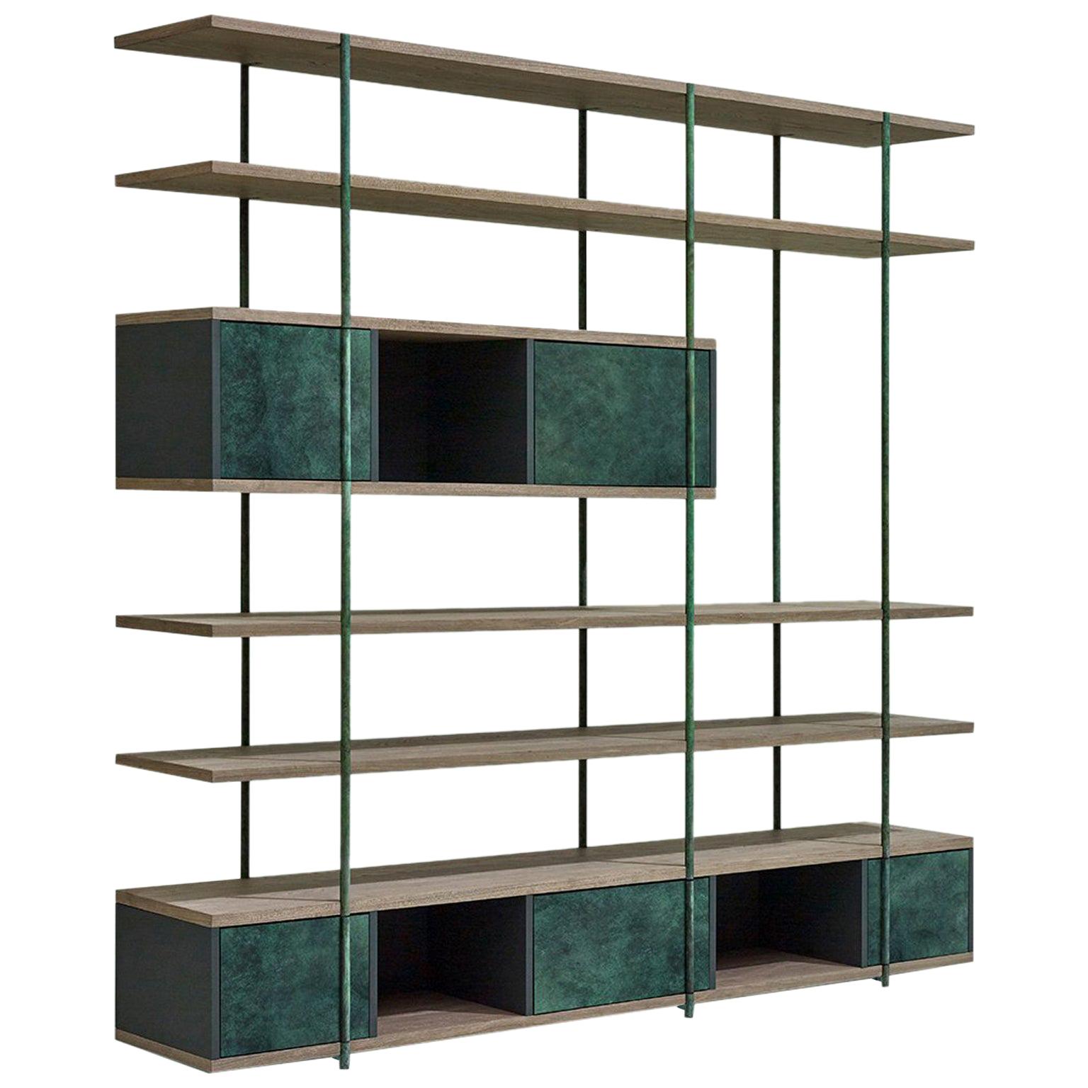 Contemporary Bookcase B, Etched Brass, Pivoting Doors and Stone Elm Shelves For Sale