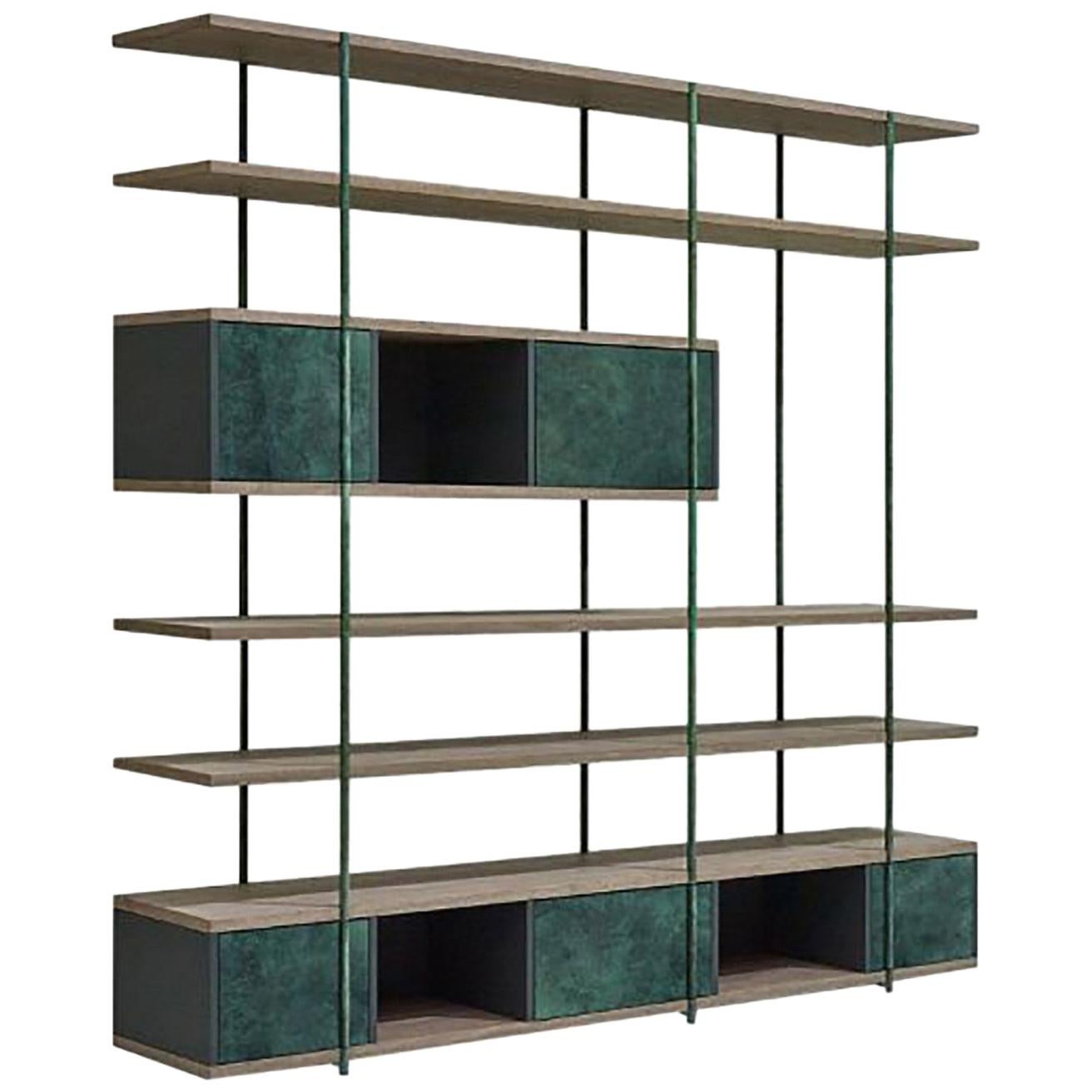 Contemporary Bookcase B, Etched Brass, Pivoting Doors and Stone Elm Shelves