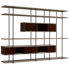 Contemporary Bookcase C, Etched Brass, Pivoting Doors and Stone Elm Shelves