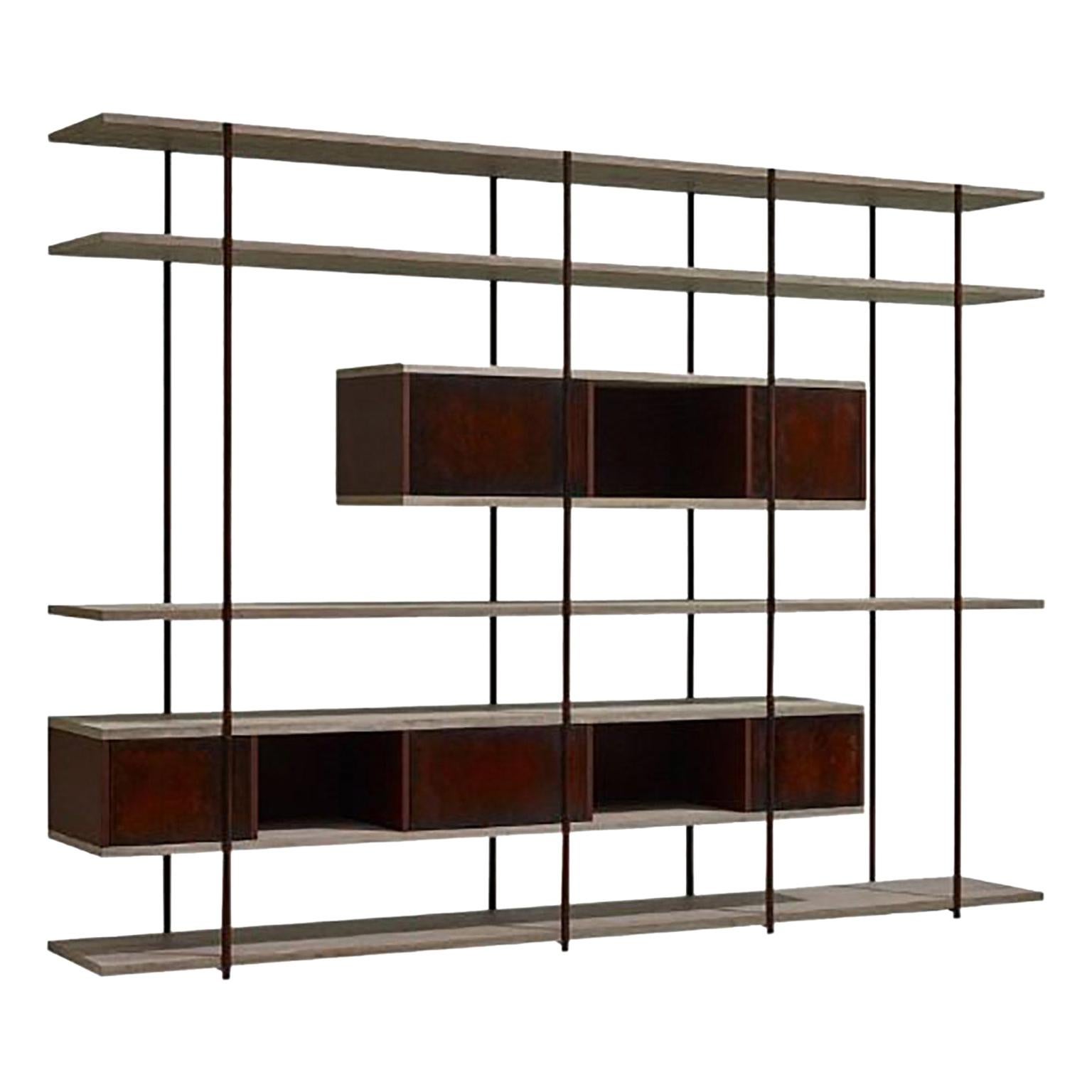 Contemporary Bookcase C, Etched Brass, Pivoting Doors and Stone Elm Shelves
