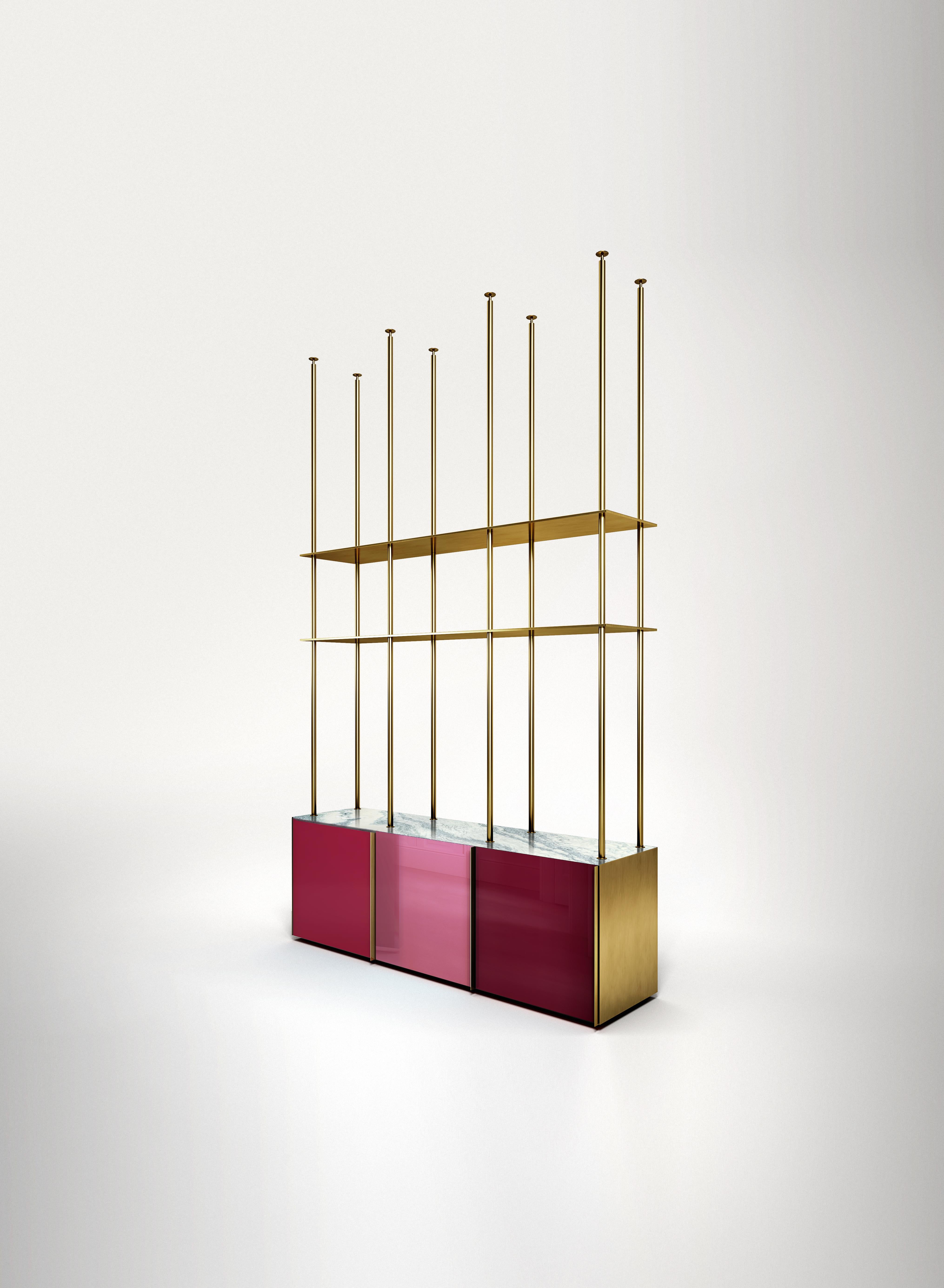 Bookcase 01
Floor to ceiling bookcase featuring 3 back-painted glass doors colored in blush tones, marble top, lacquered wooden interior and burnished brass shelving. Each of the three doors has a vertical brass handle and each compartment has an