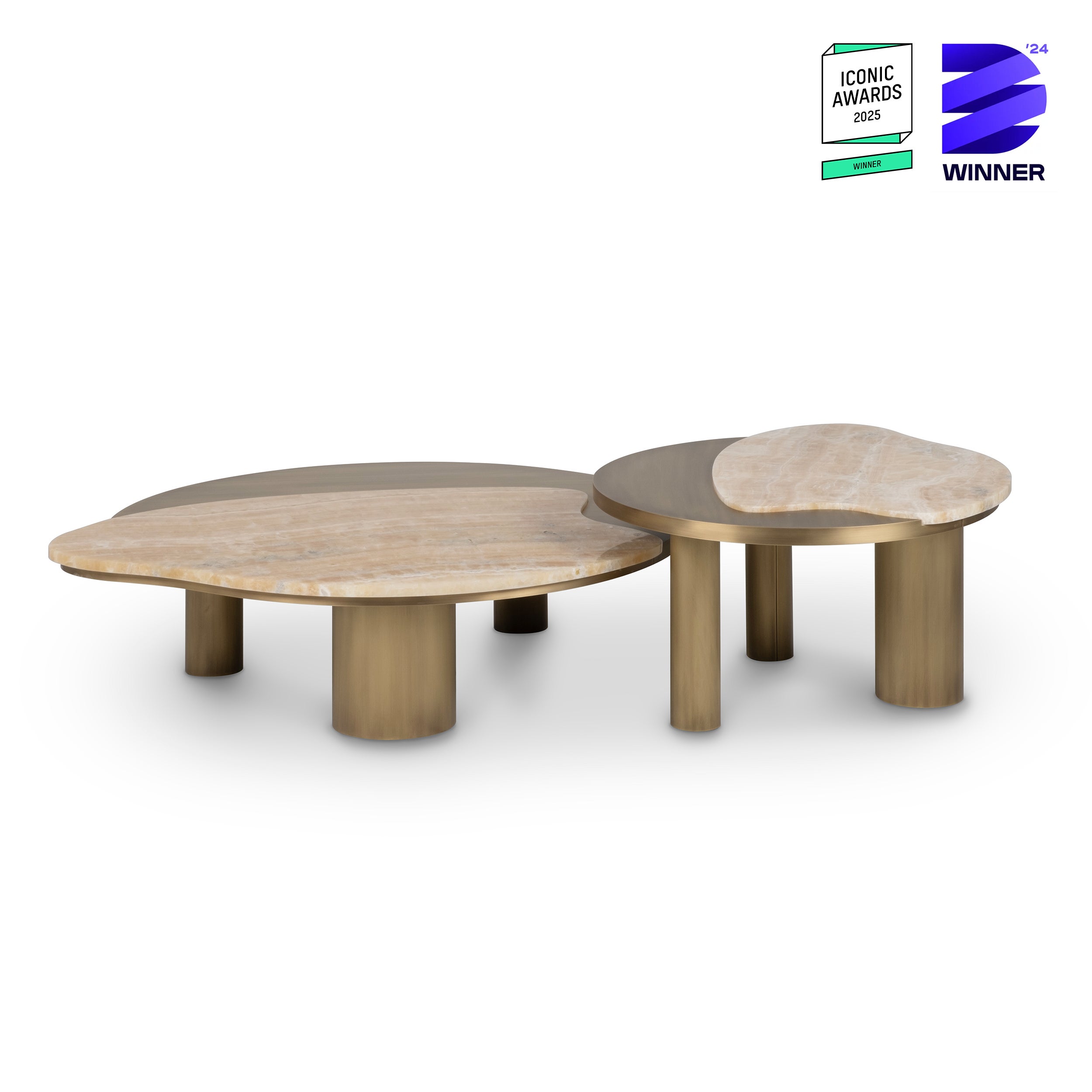 Contemporary Bordeira Nesting Coffee Tables, Onyx Miel, Brass, Marble Greenapple For Sale