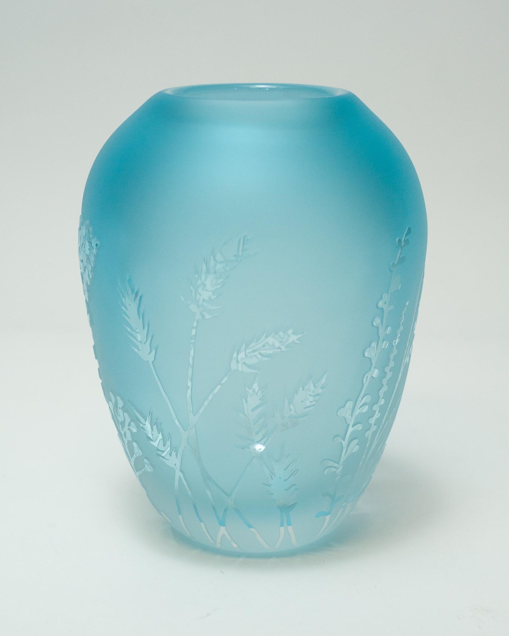 Canadian Contemporary Botanical Large Blue Sandblasted and Clear Cut Blown Glass Vase