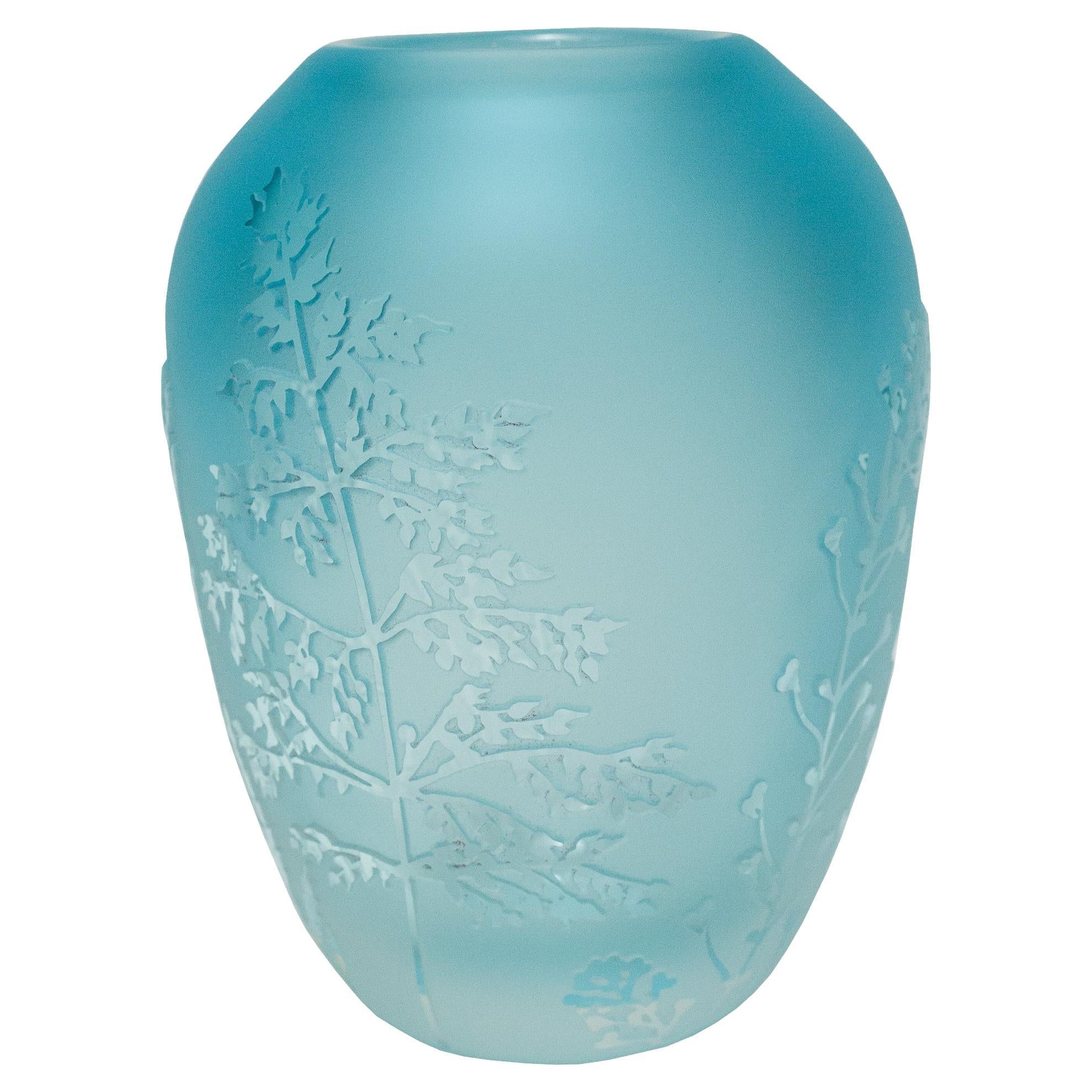Contemporary Botanical Large Blue Sandblasted and Clear Cut Blown Glass Vase