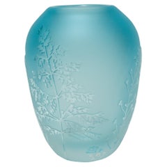 Contemporary Botanical Large Blue Sandblasted and Clear Cut Blown Glass Vase