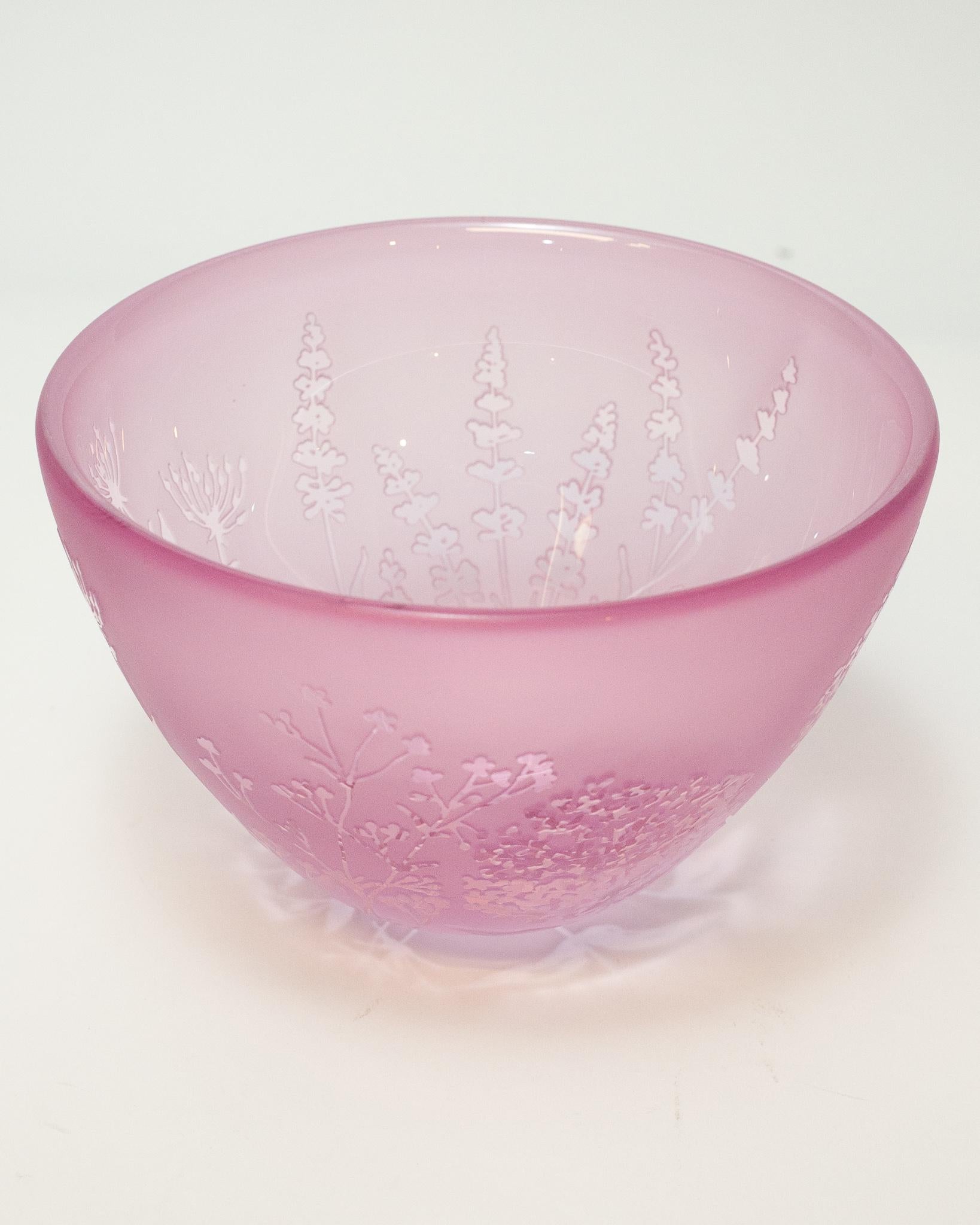 Canadian Contemporary Botanical Large Pink Sandblasted and Clear Cut Blown Glass Bowl