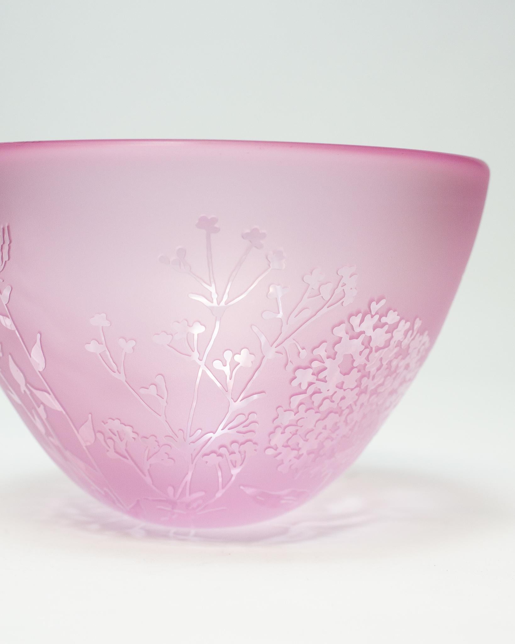 Contemporary Botanical Large Pink Sandblasted and Clear Cut Blown Glass Bowl 1