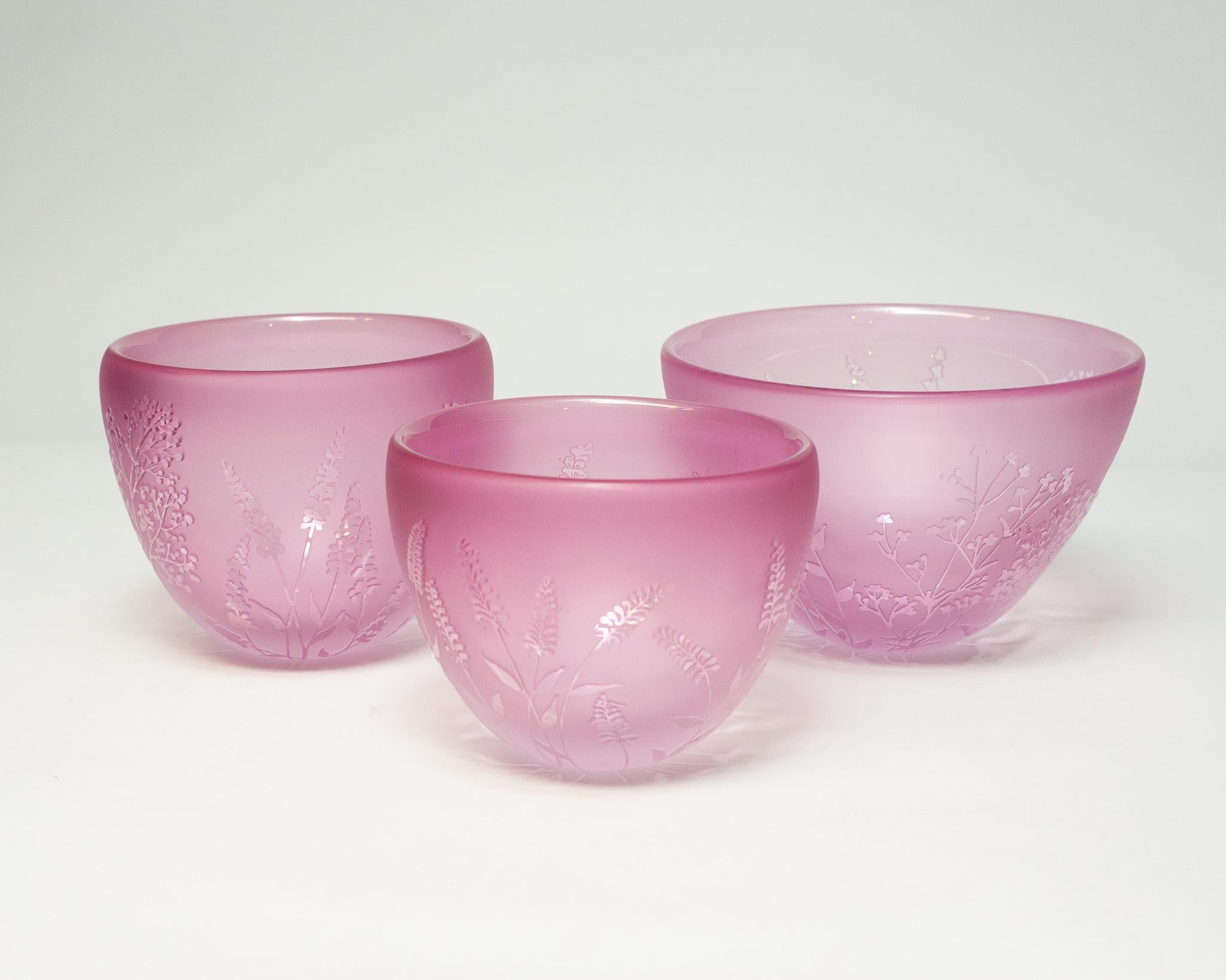 Contemporary Botanical Large Pink Sandblasted and Clear Cut Blown Glass Bowl 2