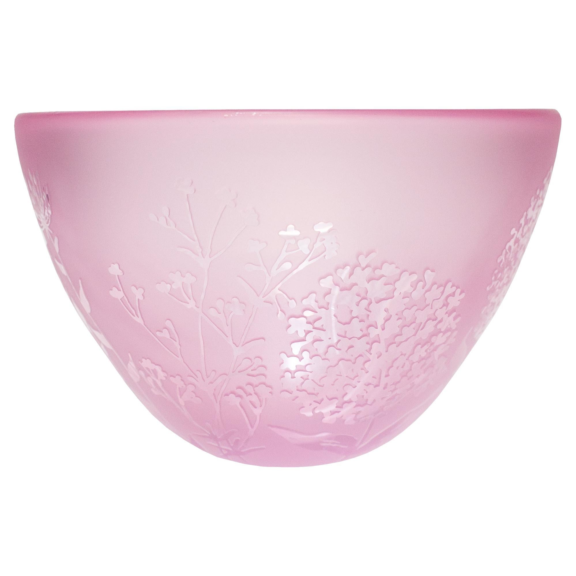 Contemporary Botanical Large Pink Sandblasted and Clear Cut Blown Glass Bowl