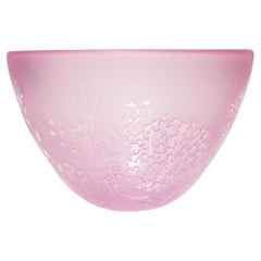 Contemporary Botanical Large Pink Sandblasted and Clear Cut Blown Glass Bowl