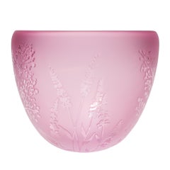 Contemporary Botanical Medium Pink Sandblasted and Clear Cut Blown Glass Bowl