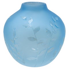 Contemporary Botanical Small Blue Sandblasted Blown Glass Vase