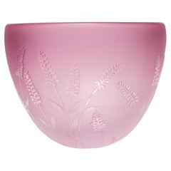 Contemporary Botanical Small Pink Sandblasted and Clear Cut Blown Glass Bowl