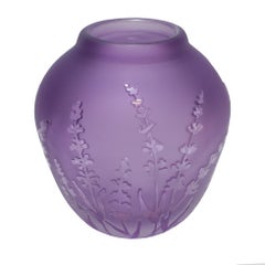 Contemporary Botanical Small Purple Sandblasted and Clear Cut Blown Glass Vase