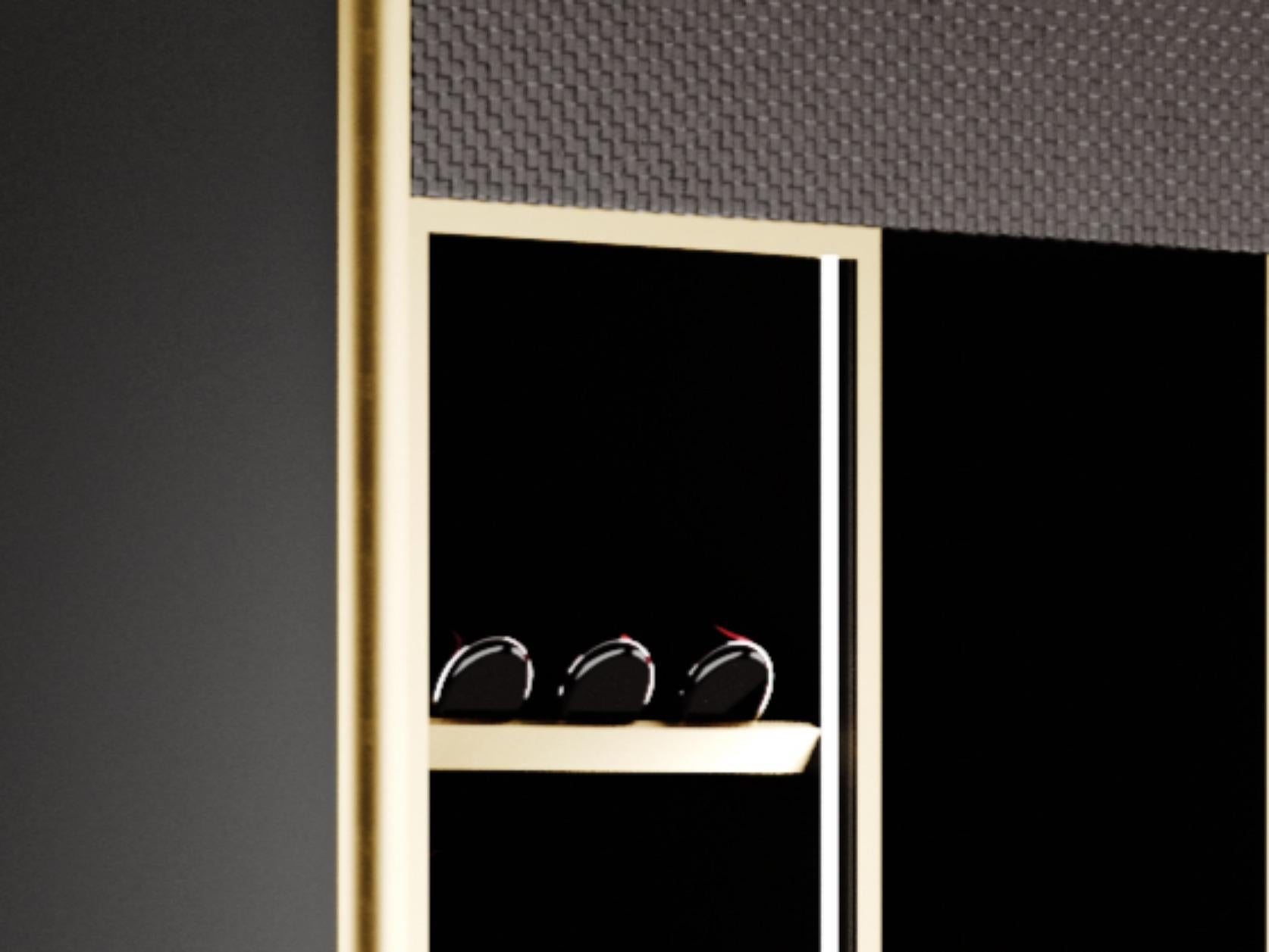 Modern Contemporary winery, black lacquering case, gold trim profiles for glass doors For Sale