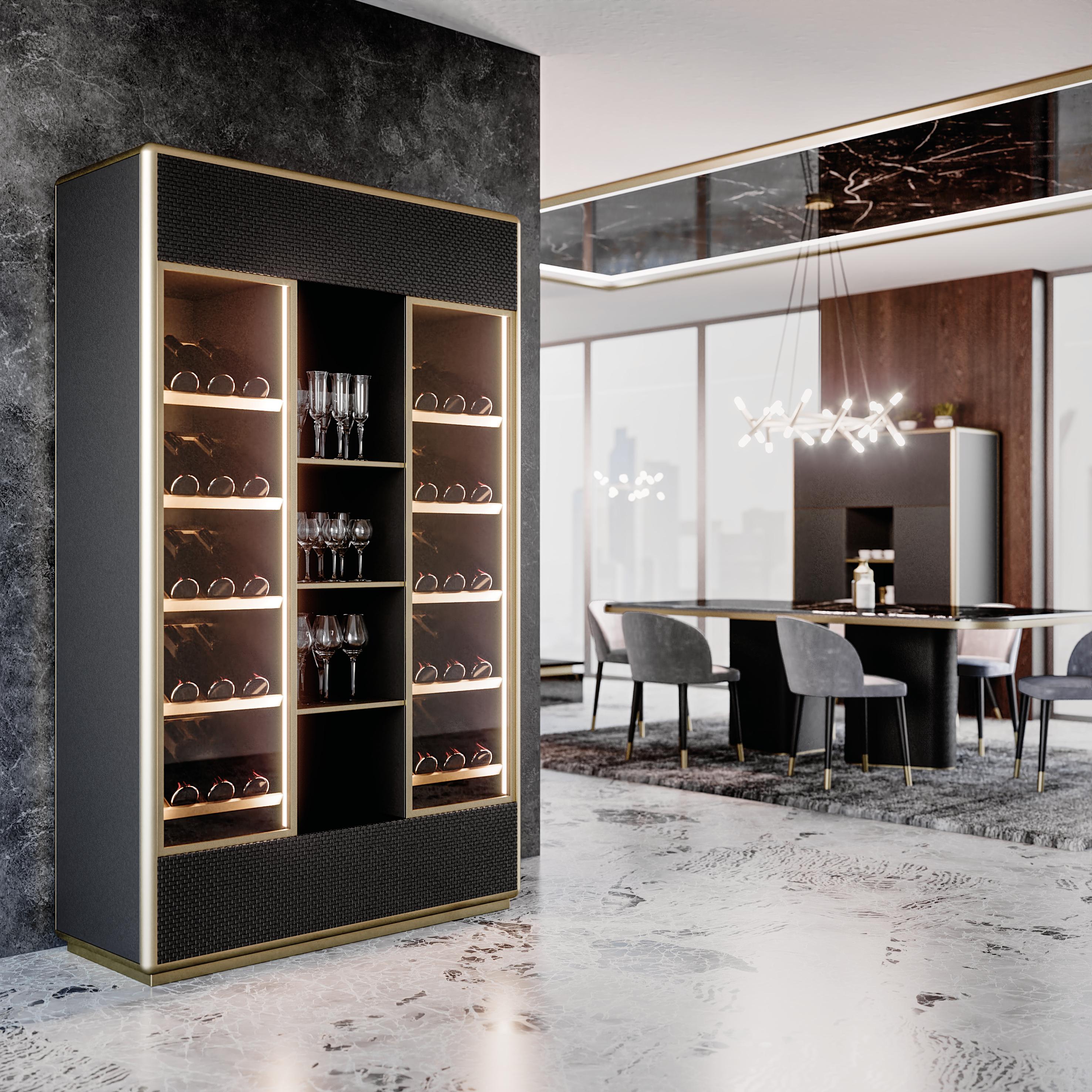 Italian Contemporary winery, black lacquering case, gold trim profiles for glass doors For Sale
