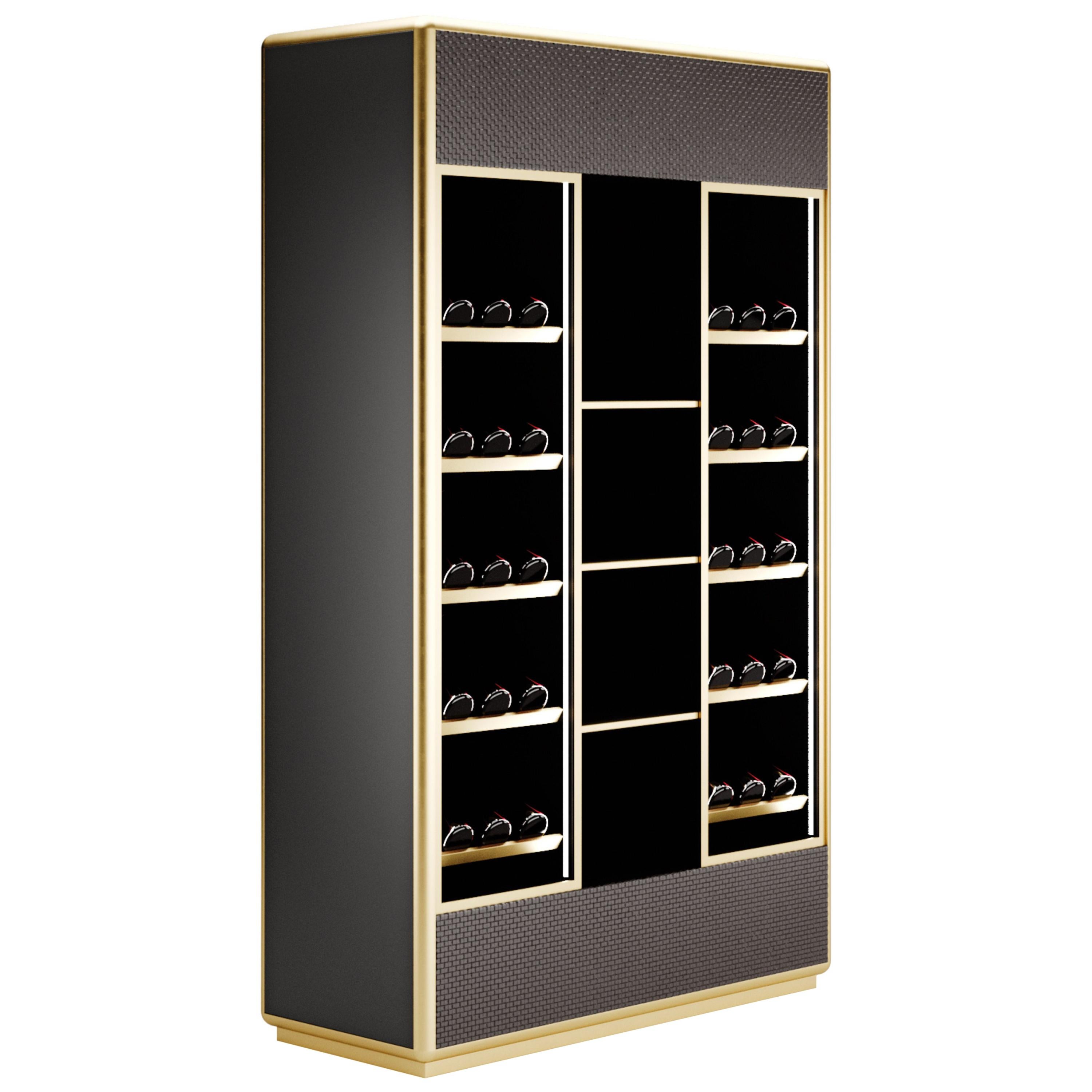 Contemporary winery, black lacquering case, gold trim profiles for glass doors For Sale