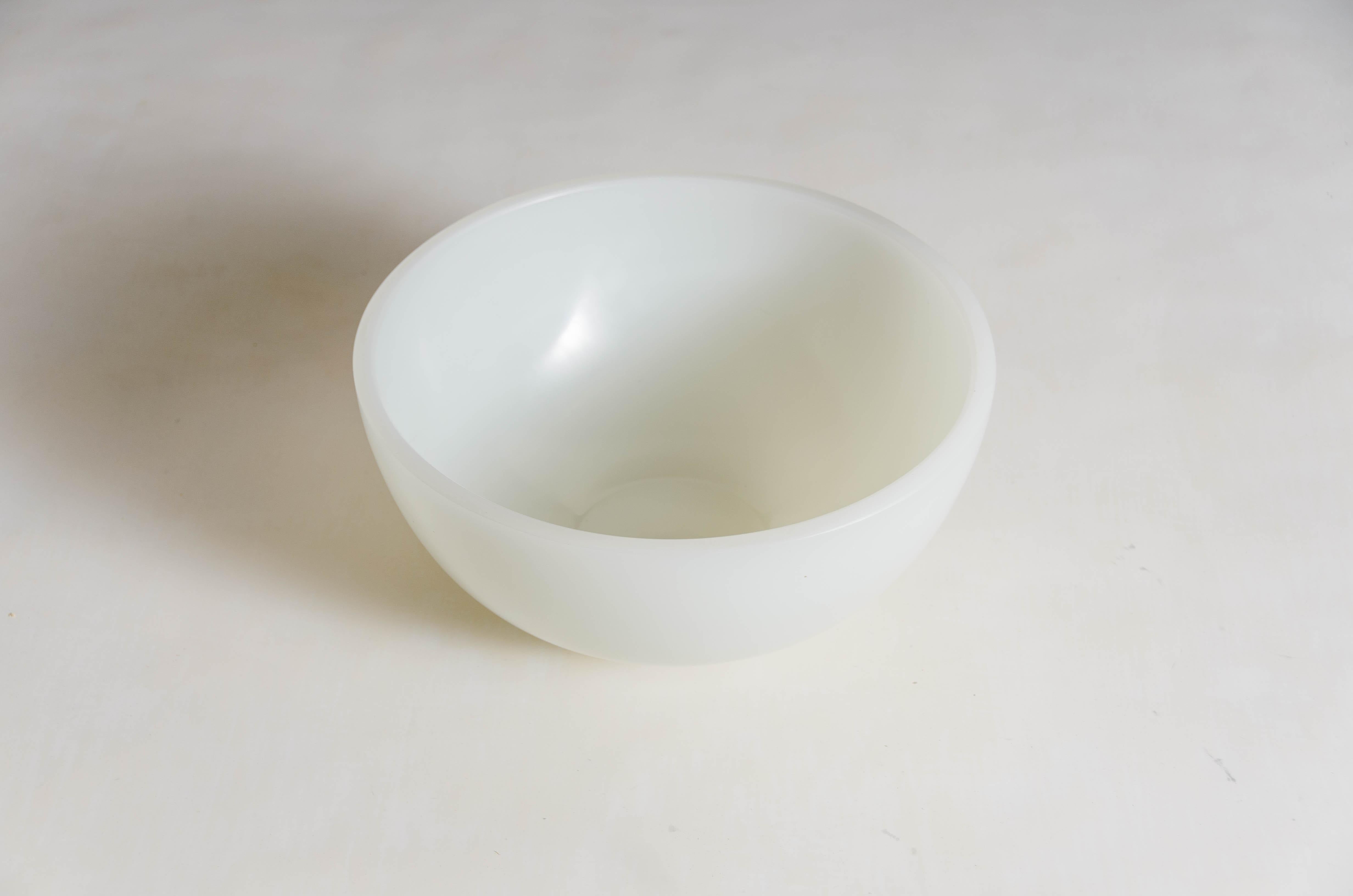 Glass bowl
Bai Jade 
Peking glass
Hand blown
Hand carved
Limited edition

Peking glass refers to the high-quality glass art produced by the imperial and commercial workshops in Beijing during the Ching Dynasty, China 1644-1911. Since then,