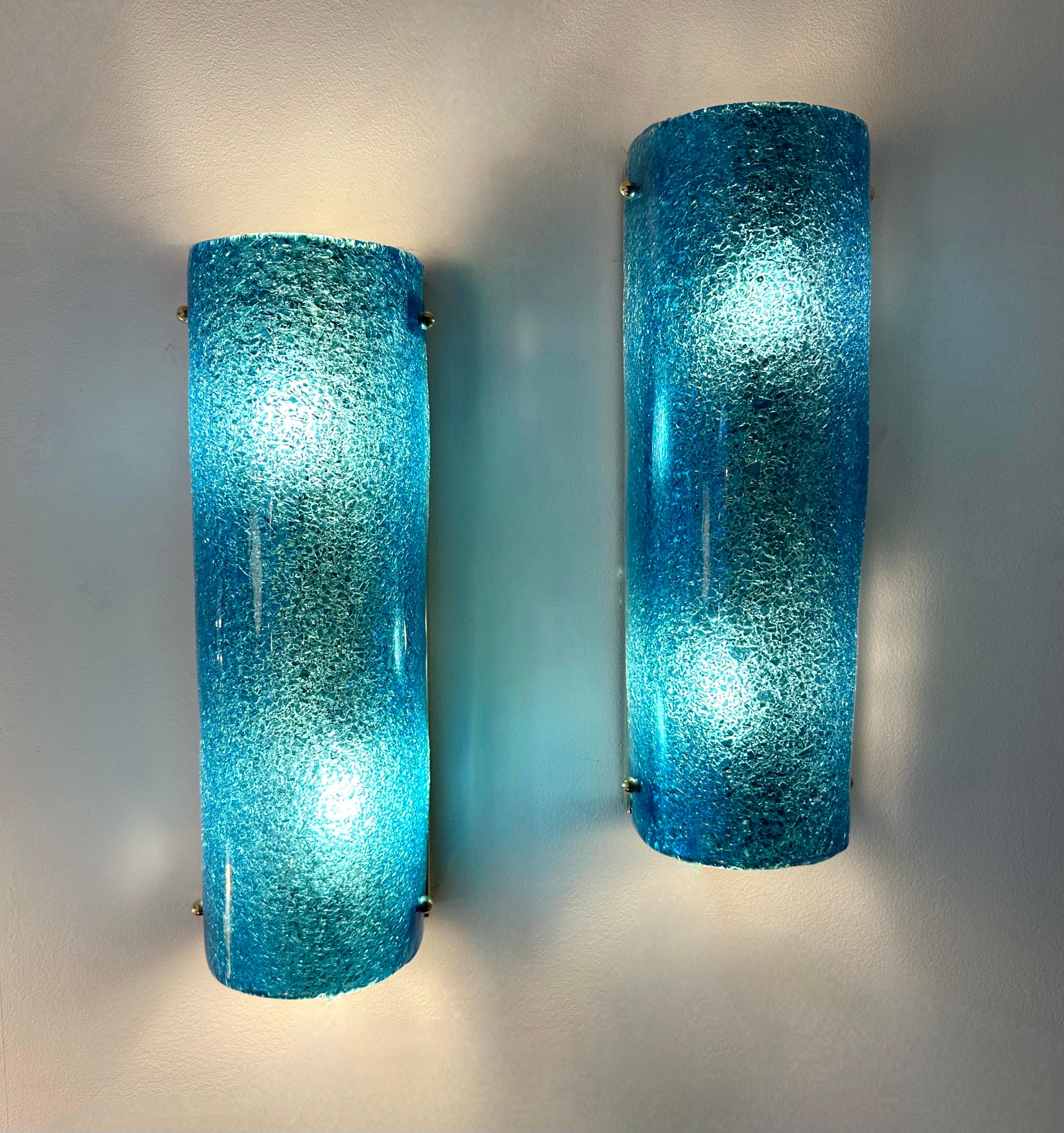 Mid-Century Modern Contemporary Brass and Blue Murano Glass Sconces, Italy For Sale