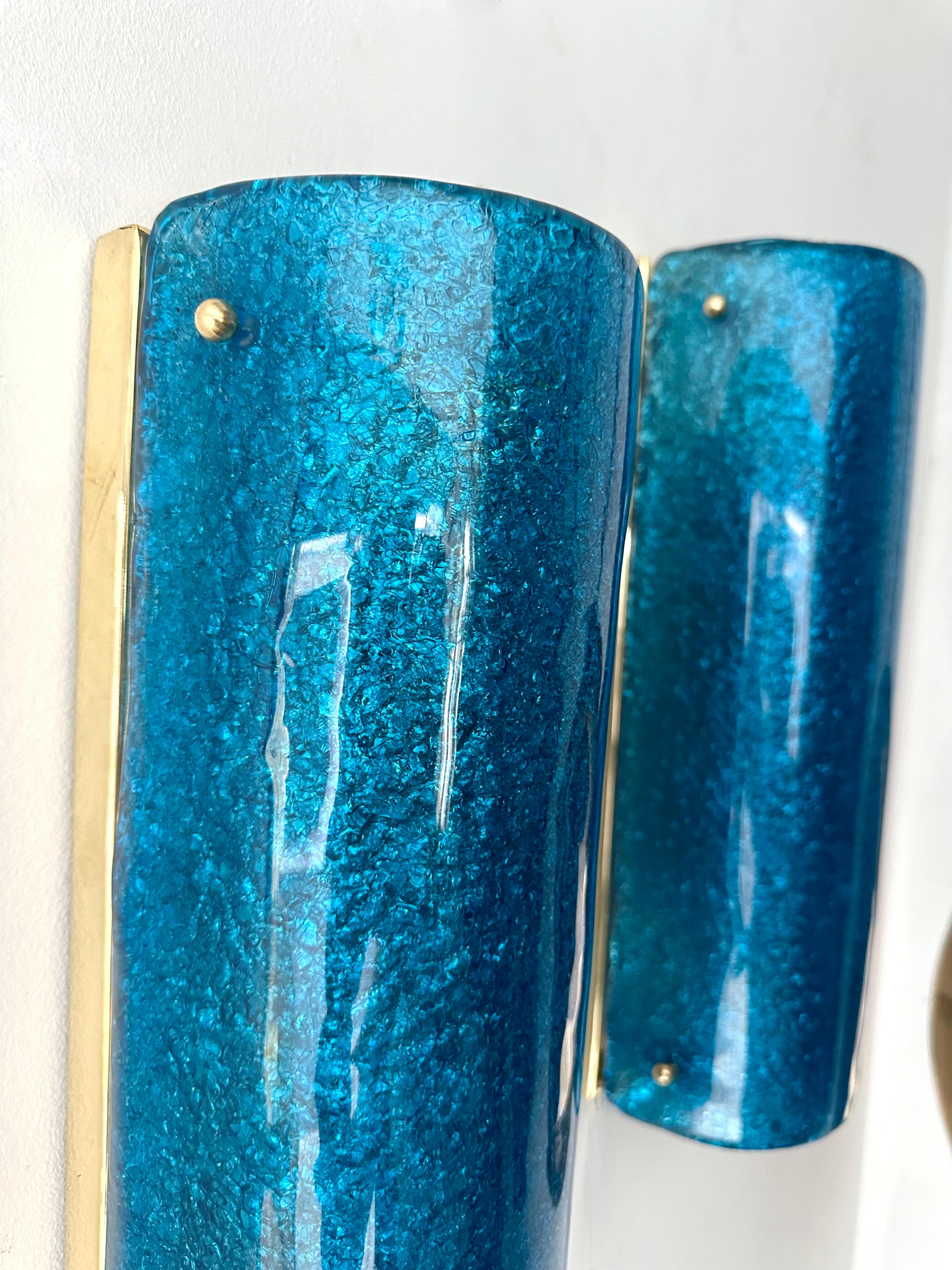 Italian Contemporary Brass and Blue Murano Glass Sconces, Italy For Sale