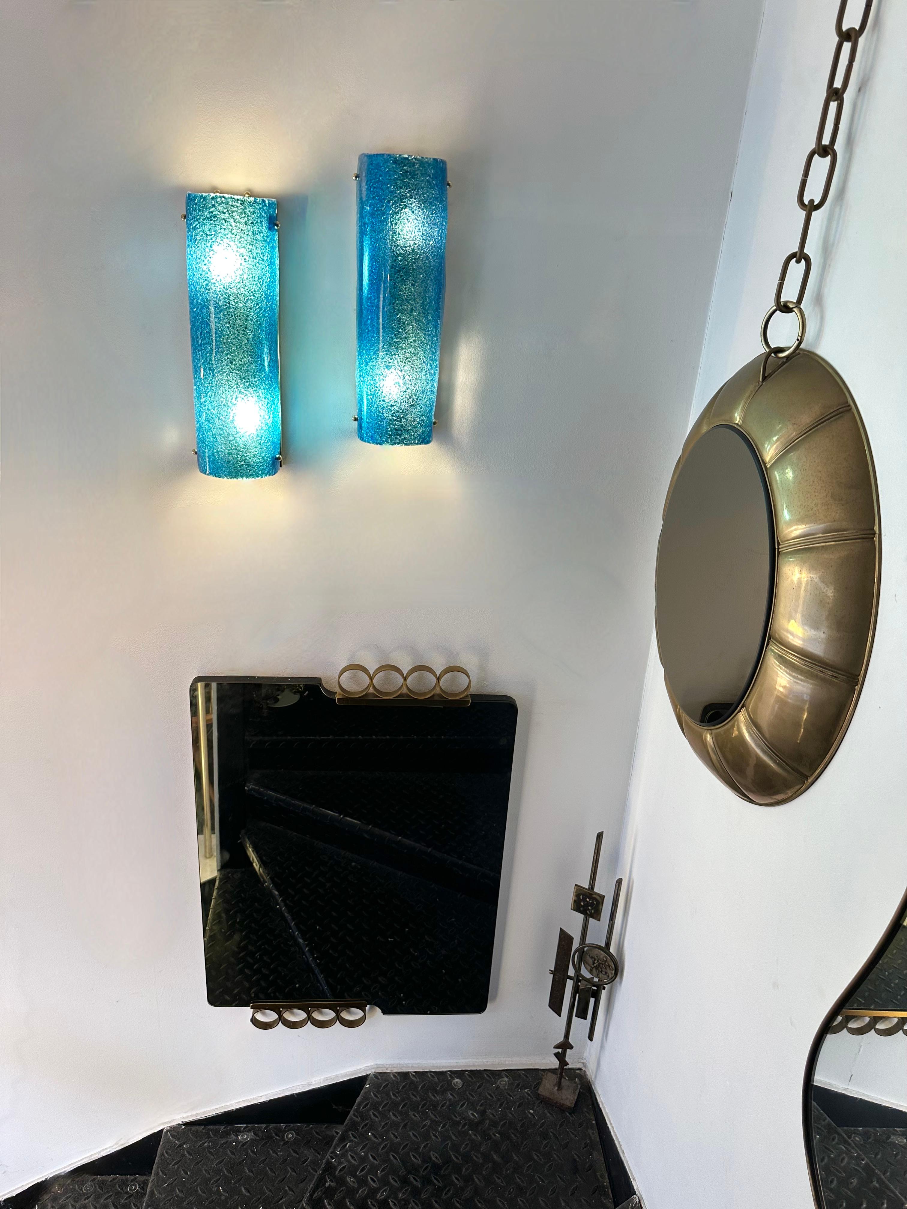 Contemporary Brass and Blue Murano Glass Sconces, Italy For Sale 2
