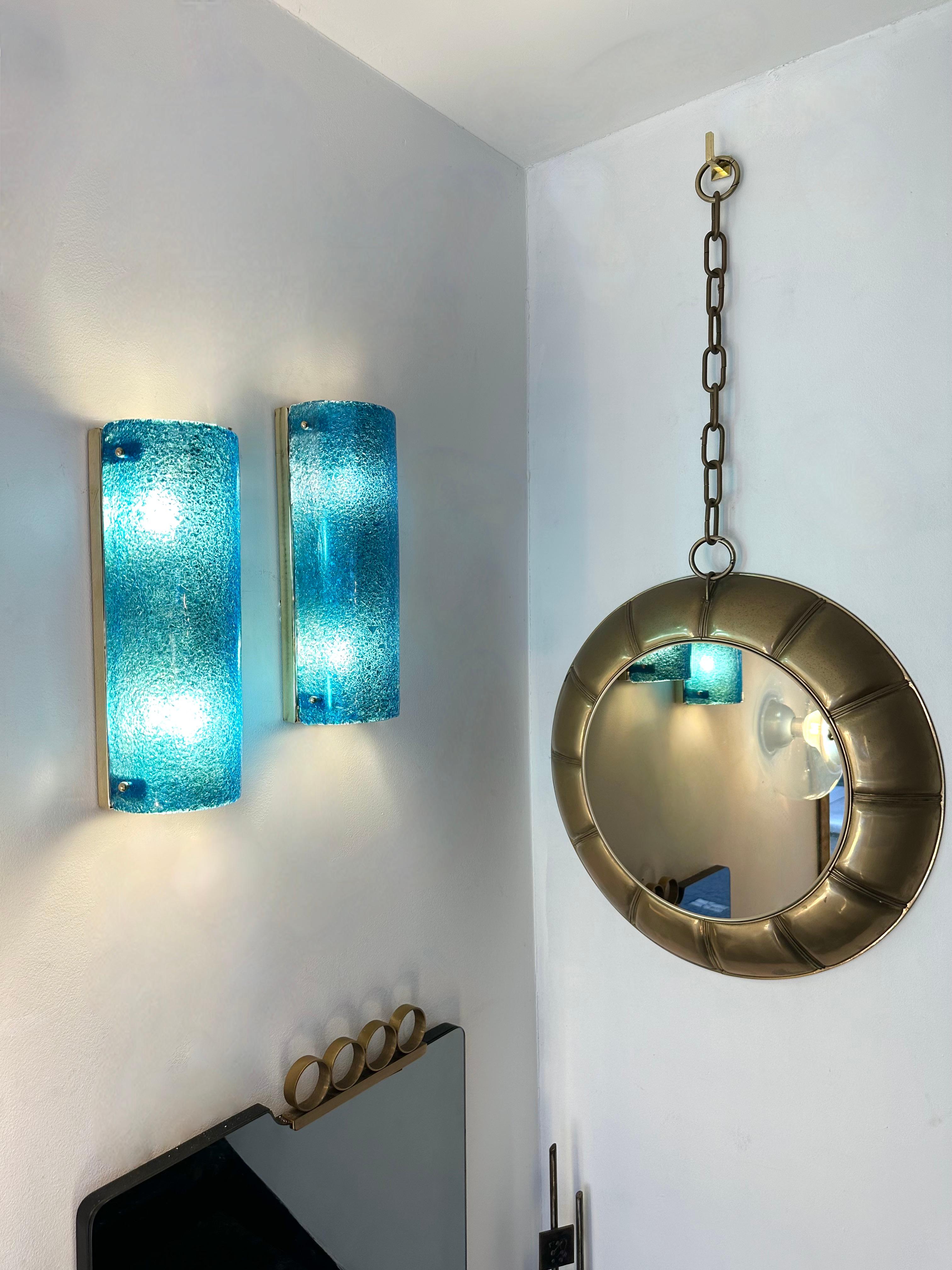 Contemporary Brass and Blue Murano Glass Sconces, Italy For Sale 3