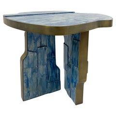 Contemporary Brass and Ceramic Blue Side Table, Italy