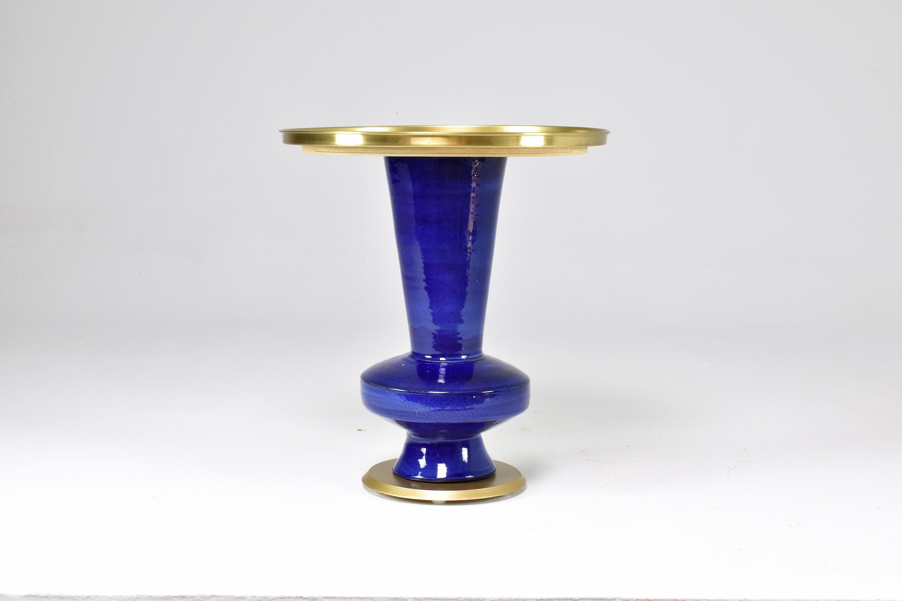 Moroccan  Contemporary Brass and Ceramic Side Table by JAS  For Sale