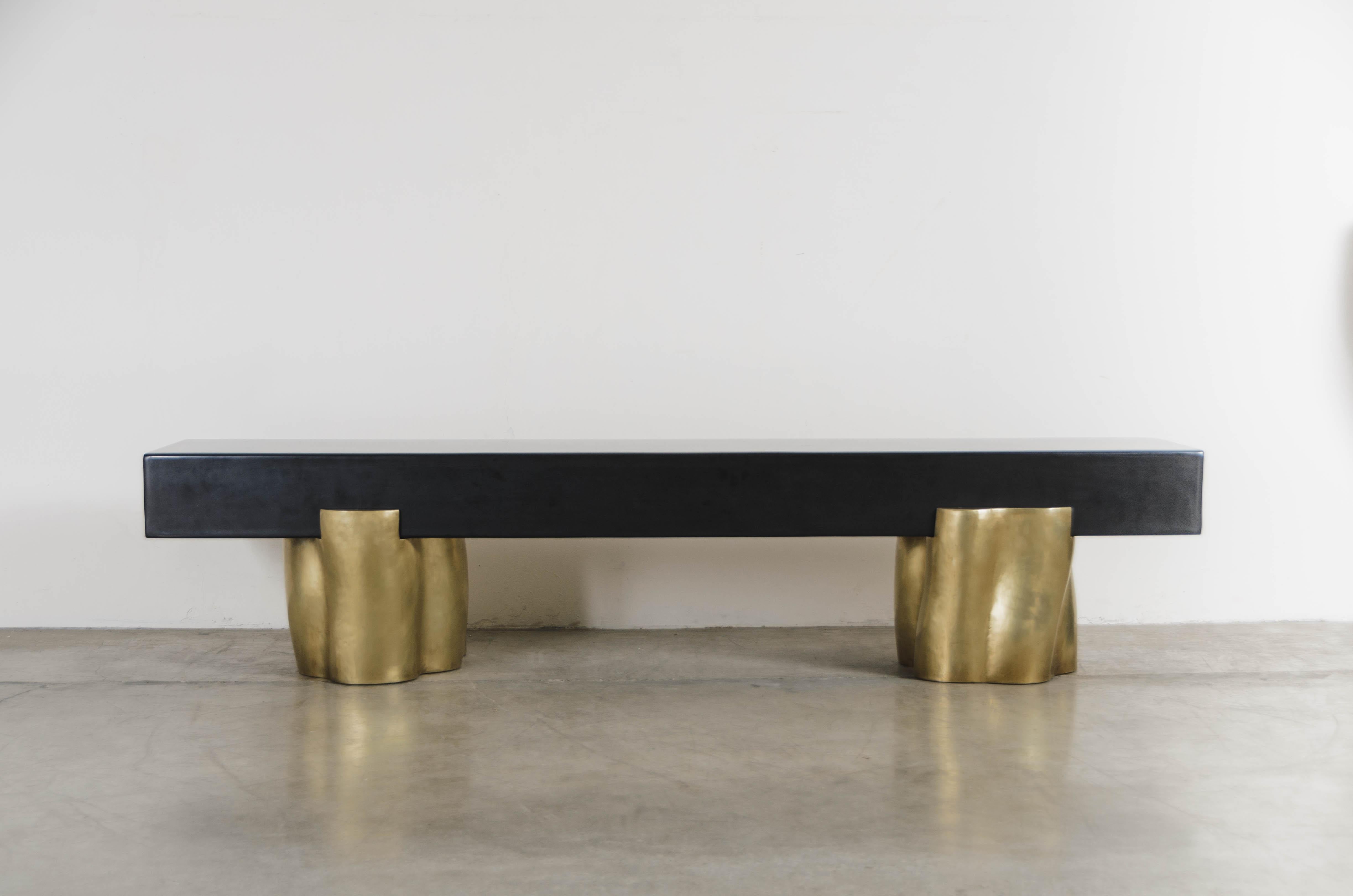 Root Design bench bases with lacquer top
Brass
Hand Repoussé
Black or Cream Lacquer
Contemporary 
Limited Edition
Each piece is individually crafted and is unique. 
Repoussé is the traditional art of hand-hammering decorative relief onto sheet