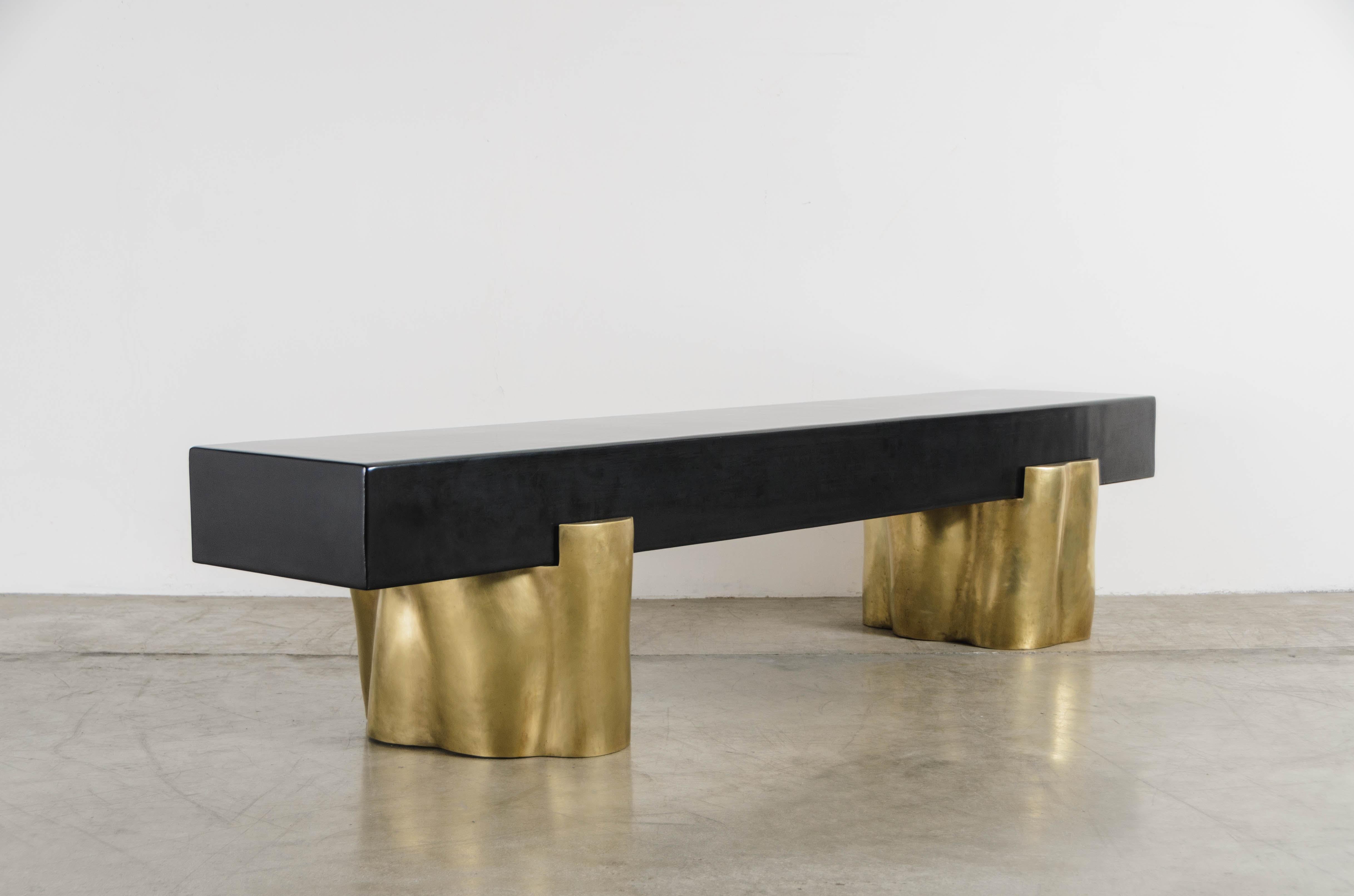 Modern Contemporary Brass and Lacquer Root Bench by Robert Kuo, Limited Edition For Sale