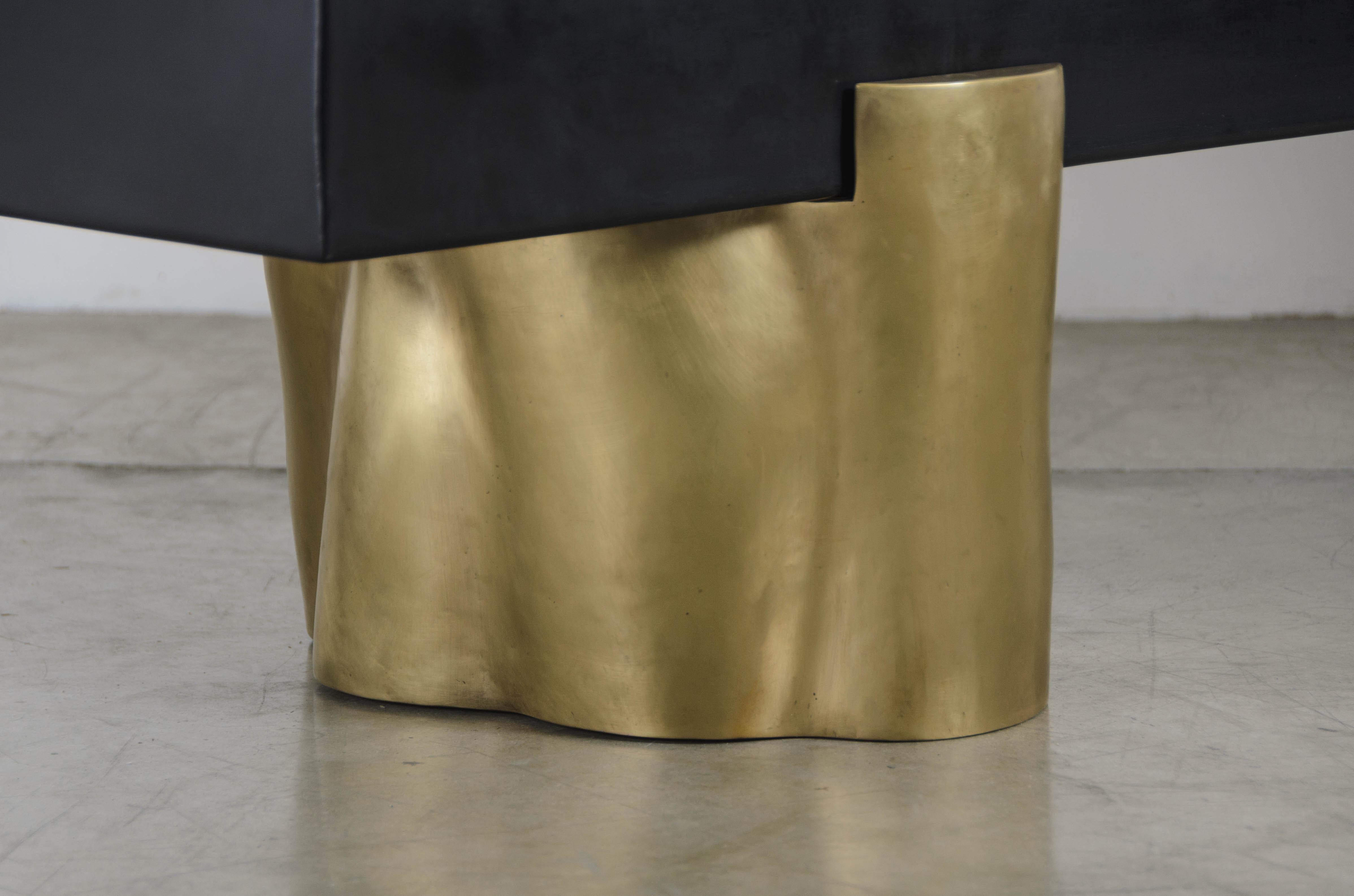 Repoussé Contemporary Brass and Lacquer Root Bench by Robert Kuo, Limited Edition For Sale